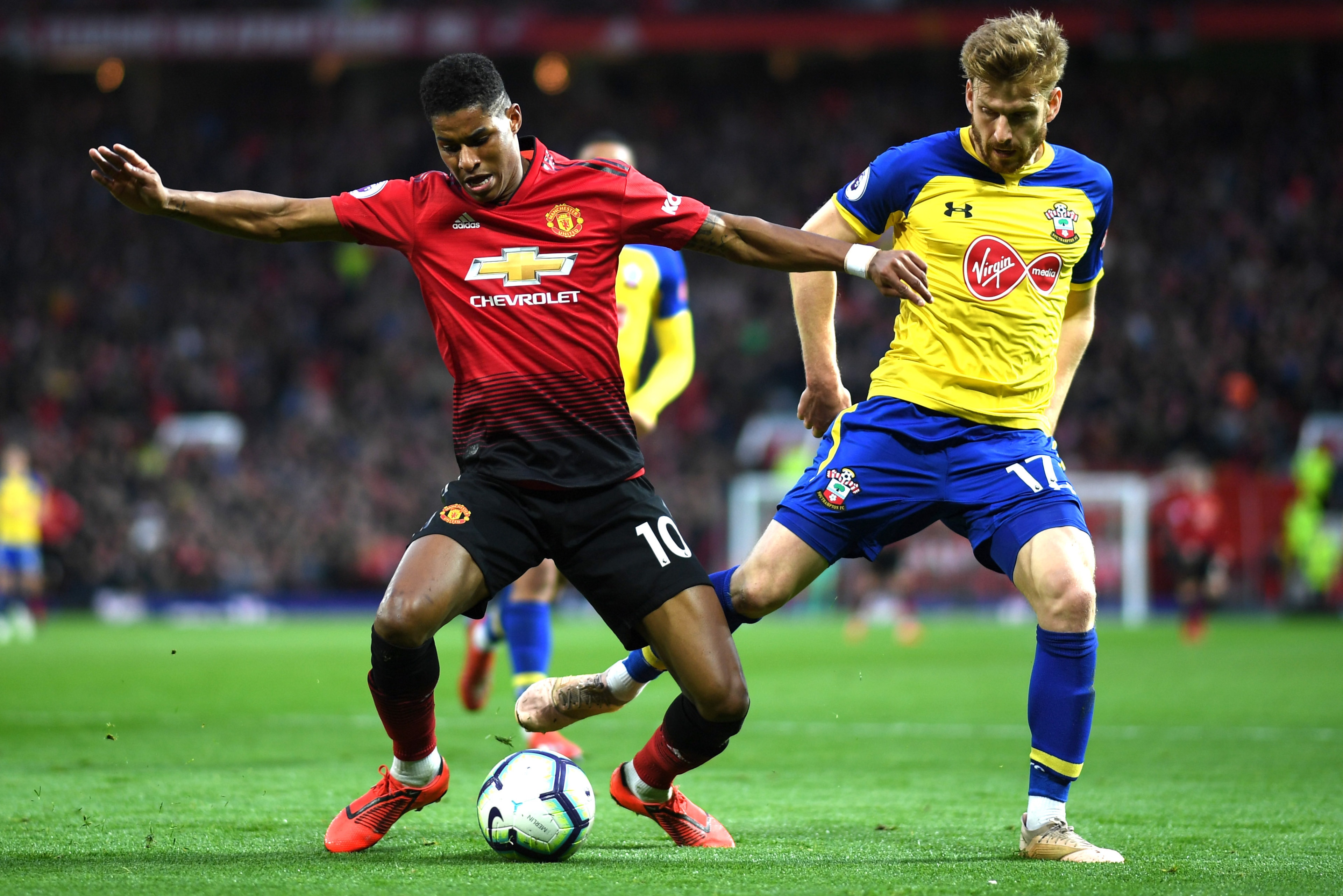 MANCHESTER, ENGLAND - MARCH 02: Marcus Rashford of Manchester United is fouled in the box by Stuart Armstrong of Southampton resulting in a penalty during the Premier League match between Manchester United and Southampton FC at Old Trafford on March 02, 2 MANCHESTER, ENGLAND - MARCH 02: Marcus Rashford of Manchester United is fouled in the box by Stuart Armstrong of Southampton resulting in a penalty during the Premier League match between Manchester United and Southampton FC at Old Trafford on March 02, 2