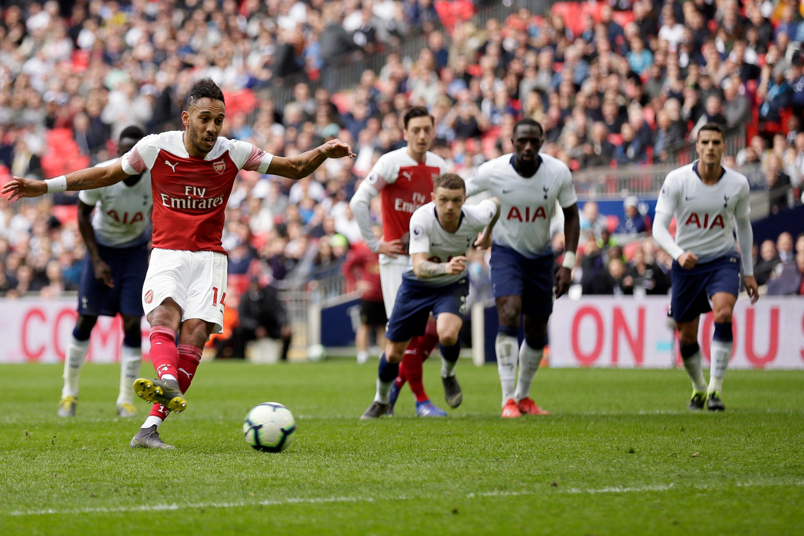 Aubameyang's costly miss from the penalty spot denied Arsenal all three points in the north London derby. Aubameyang's costly miss from the penalty spot denied Arsenal all three points in the north London derby.