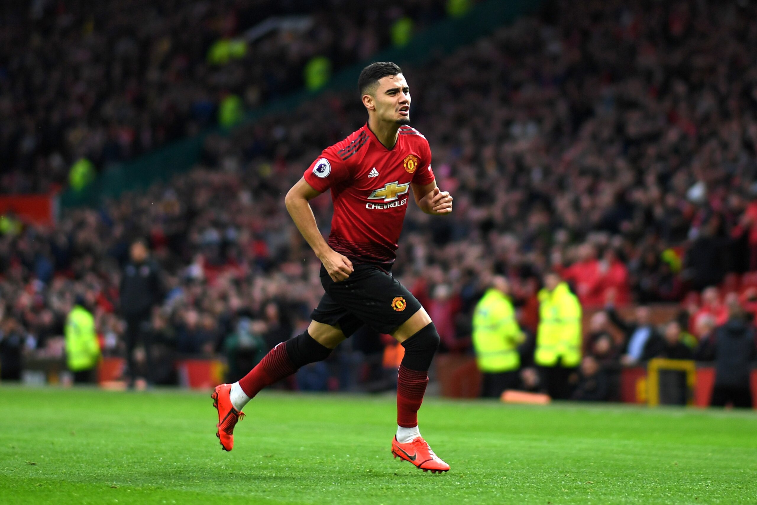 MANCHESTER, ENGLAND - MARCH 02: Andreas Pereira of Manchester United celebrates after scoring his team's first goal during the Premier League match between Manchester United and Southampton FC at Old Trafford on March 02, 2019 in Manchester, United Kingdo