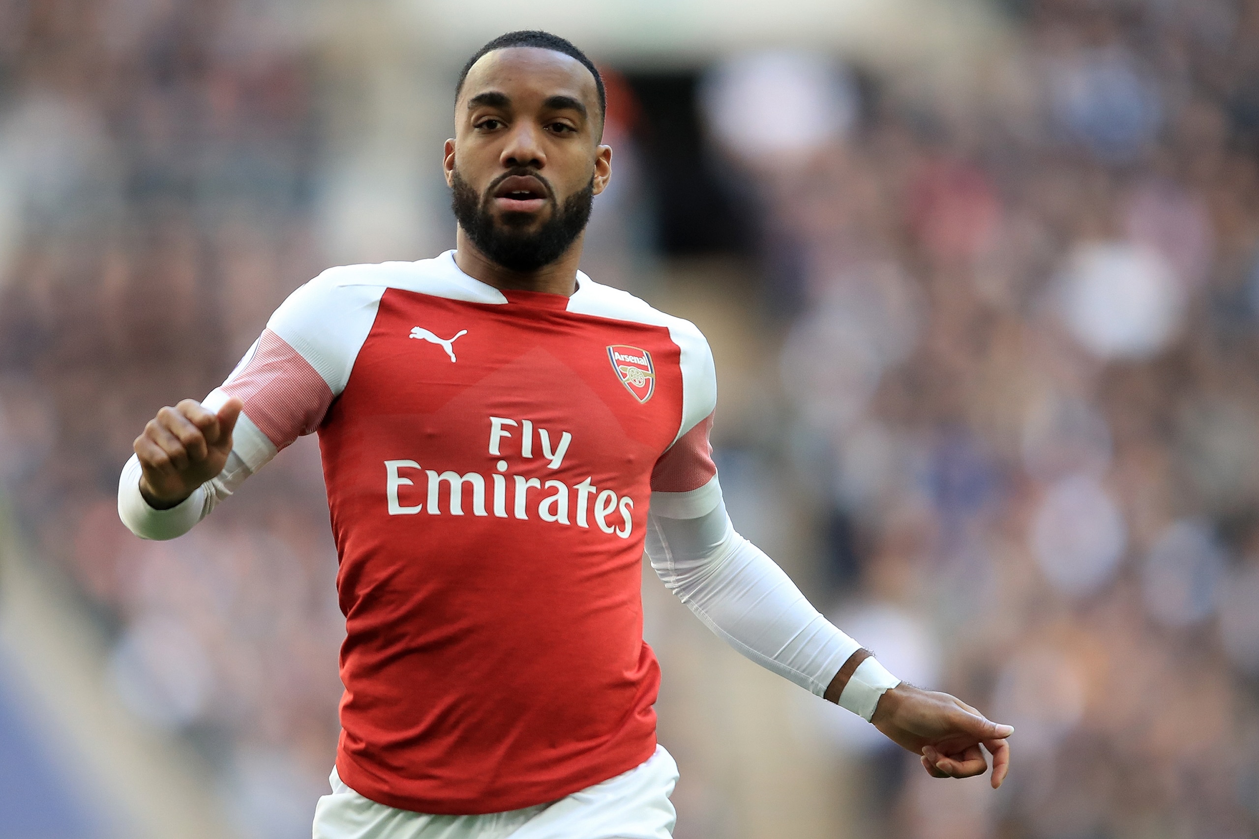 LONDON, ENGLAND - MARCH 02:  Alexandre Lacazette of Arsenal during the Premier League match between Tottenham Hotspur and Arsenal FC at Wembley Stadium on March 2, 2019 in London, United Kingdom. (Photo by Marc Atkins/Getty Images)