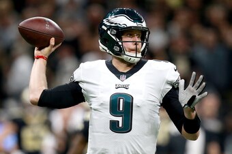 NEW ORLEANS, LOUISIANA - JANUARY 13:  Nick Foles #9 of the Philadelphia Eagles attempts a pass during the first quarter against the New Orleans Saints in the NFC Divisional Playoff Game at Mercedes Benz Superdome on January 13, 2019 in New Orleans, Louisi