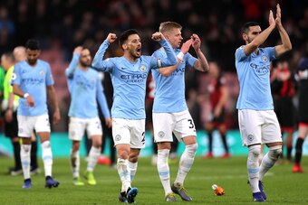 BOURNEMOUTH, ENGLAND - MARCH 02: David Silva of Manchester City celebrates victory after the Premier League match between AFC Bournemouth and Manchester City at Vitality Stadium on March 02, 2019 in Bournemouth, United Kingdom. (Photo by Richard Heathcote