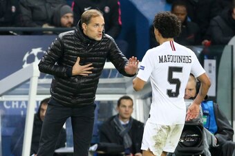 PARIS, FRANCE - NOVEMBER 28: Coach of PSG Thomas Tuchel, Marquinhos of PSG during the UEFA Champions League Group C match between Paris Saint-Germain (PSG) and Liverpool FC at Parc des Princes stadium on November 28, 2018 in Paris, France. (Photo by Jean 