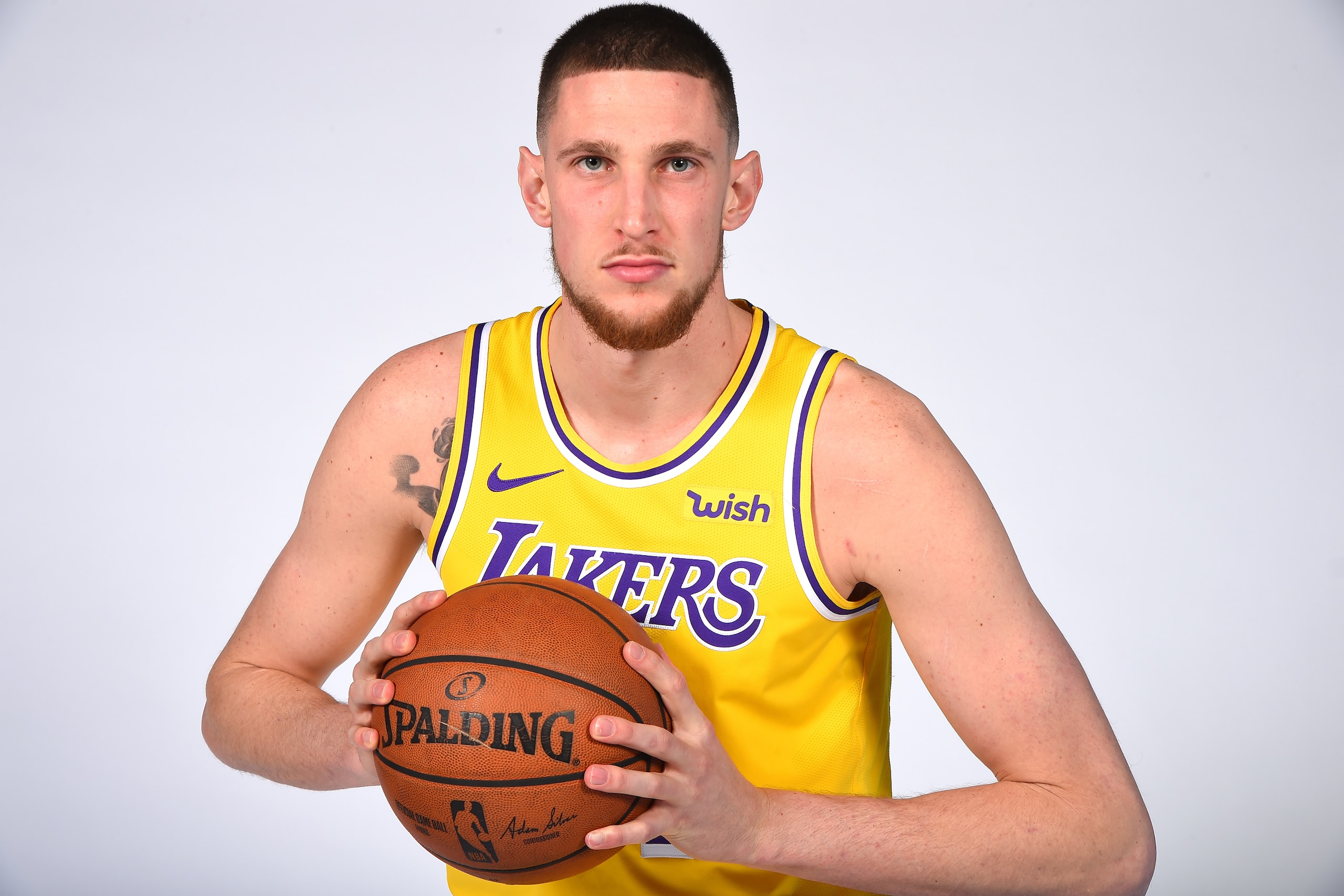 LOS ANGELES, CA - FEBRUARY 21: Mike Muscala #31 of the Los Angeles Lakers poses for a portrait at STAPLES Center on February 21, 2019 in Los Angeles, California. NOTE TO USER: User expressly acknowledges and agrees that, by downloading and/or using this LOS ANGELES, CA - FEBRUARY 21: Mike Muscala #31 of the Los Angeles Lakers poses for a portrait at STAPLES Center on February 21, 2019 in Los Angeles, California. NOTE TO USER: User expressly acknowledges and agrees that, by downloading and/or using this