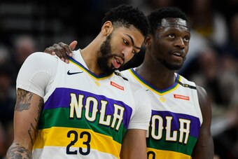 SALT LAKE CITY, UT - MARCH 04: Julius Randle #30 of the New Orleans Pelicans holds teammate Anthony Davis #23 during a game against the Utah Jazz at Vivint Smart Home Arena on March 4, 2019 in Salt Lake City, Utah.  NOTE TO USER: User expressly acknowledg