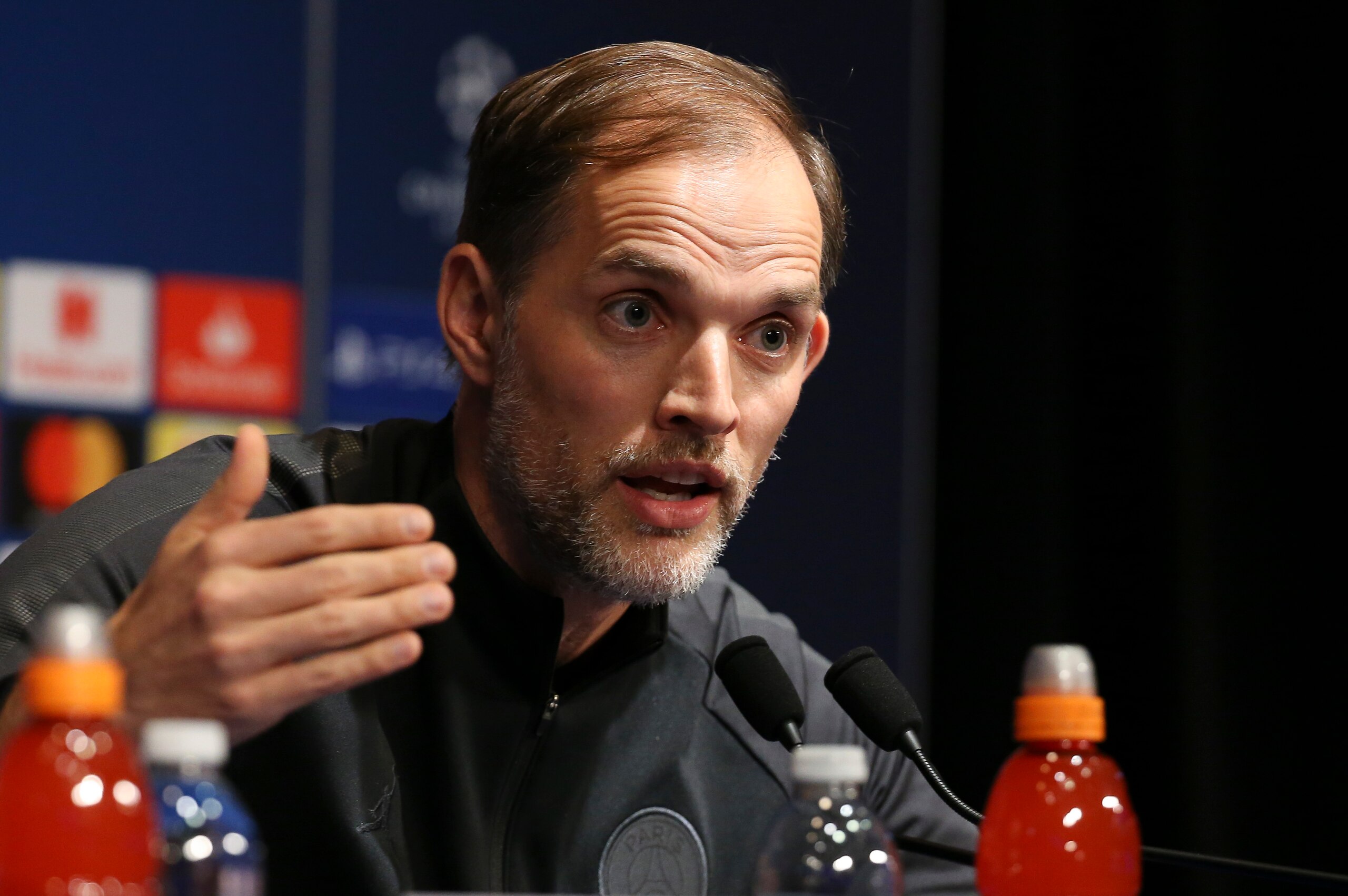 PARIS, FRANCE - MARCH 5: Coach of PSG Thomas Tuchel during the press conference on the eve of the UEFA Champions League Round of 16 Second Leg match between Paris Saint-Germain (PSG) and Manchester United at Parc des Princes stadium on March 5, 2019 in Pa PARIS, FRANCE - MARCH 5: Coach of PSG Thomas Tuchel during the press conference on the eve of the UEFA Champions League Round of 16 Second Leg match between Paris Saint-Germain (PSG) and Manchester United at Parc des Princes stadium on March 5, 2019 in Pa