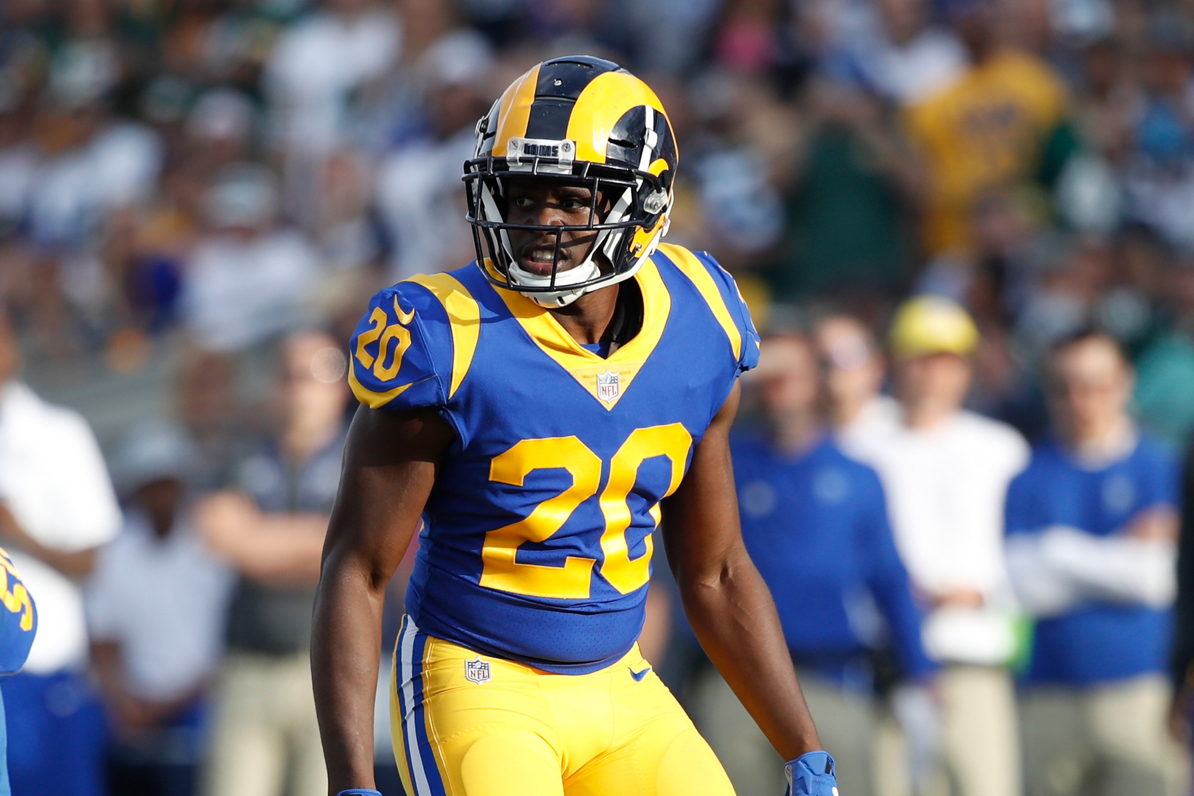 LOS ANGELES, CA - OCTOBER 28: Lamarcus Joyner #20 of the Los Angeles Rams in action during the game against the Green Bay Packers at Los Angeles Memorial Coliseum on October 28, 2018 in Los Angeles, California. The Rams won 29-27. (Photo by Joe Robbins/Ge LOS ANGELES, CA - OCTOBER 28: Lamarcus Joyner #20 of the Los Angeles Rams in action during the game against the Green Bay Packers at Los Angeles Memorial Coliseum on October 28, 2018 in Los Angeles, California. The Rams won 29-27. (Photo by Joe Robbins/Ge