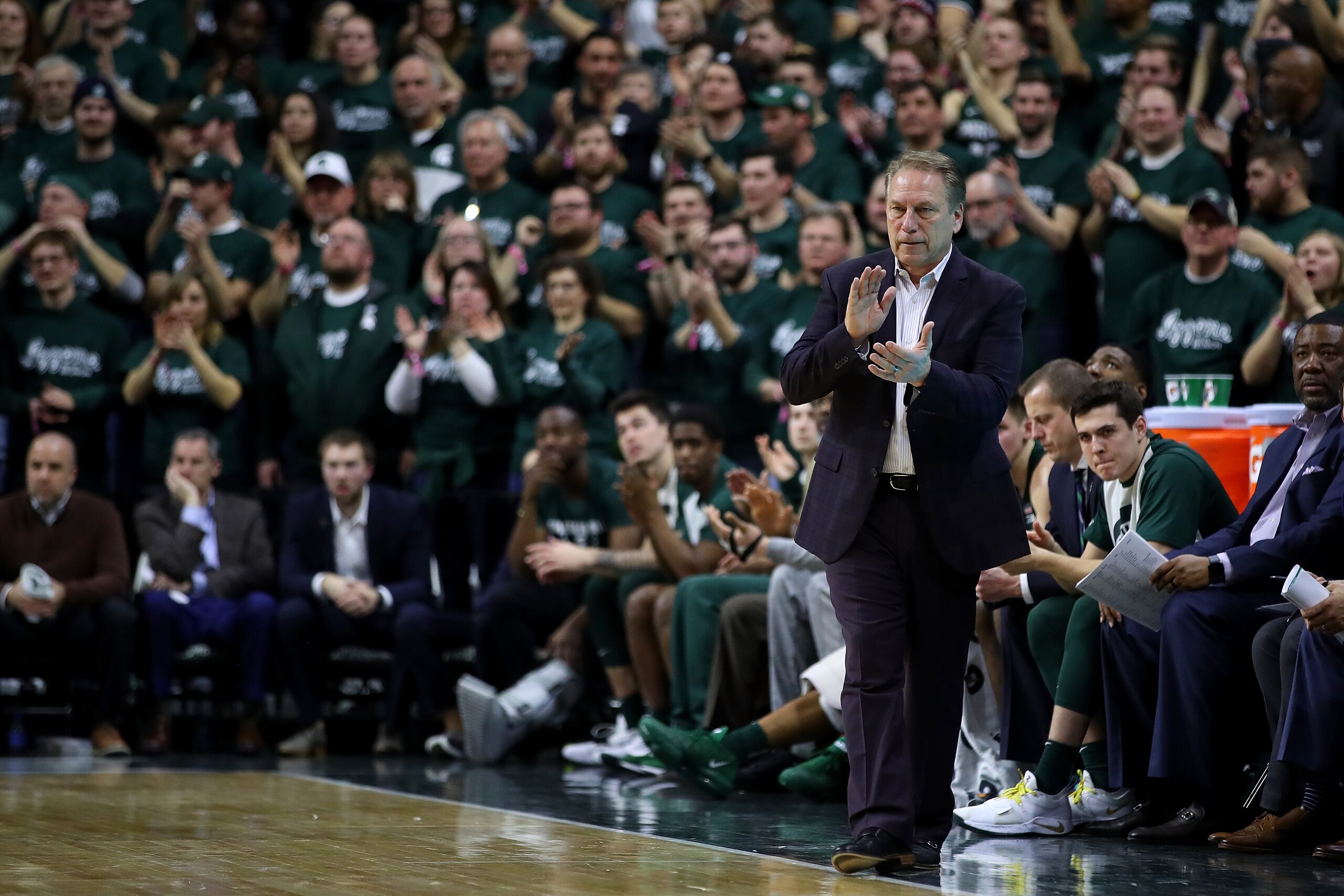 EAST LANSING, MICHIGAN - MARCH 05:  Head coach Tom Izzo of the Michigan State Spartans look on while playing the Nebraska Cornhuskers at Breslin Center on March 05, 2019 in East Lansing, Michigan. (Photo by Gregory Shamus/Getty Images)