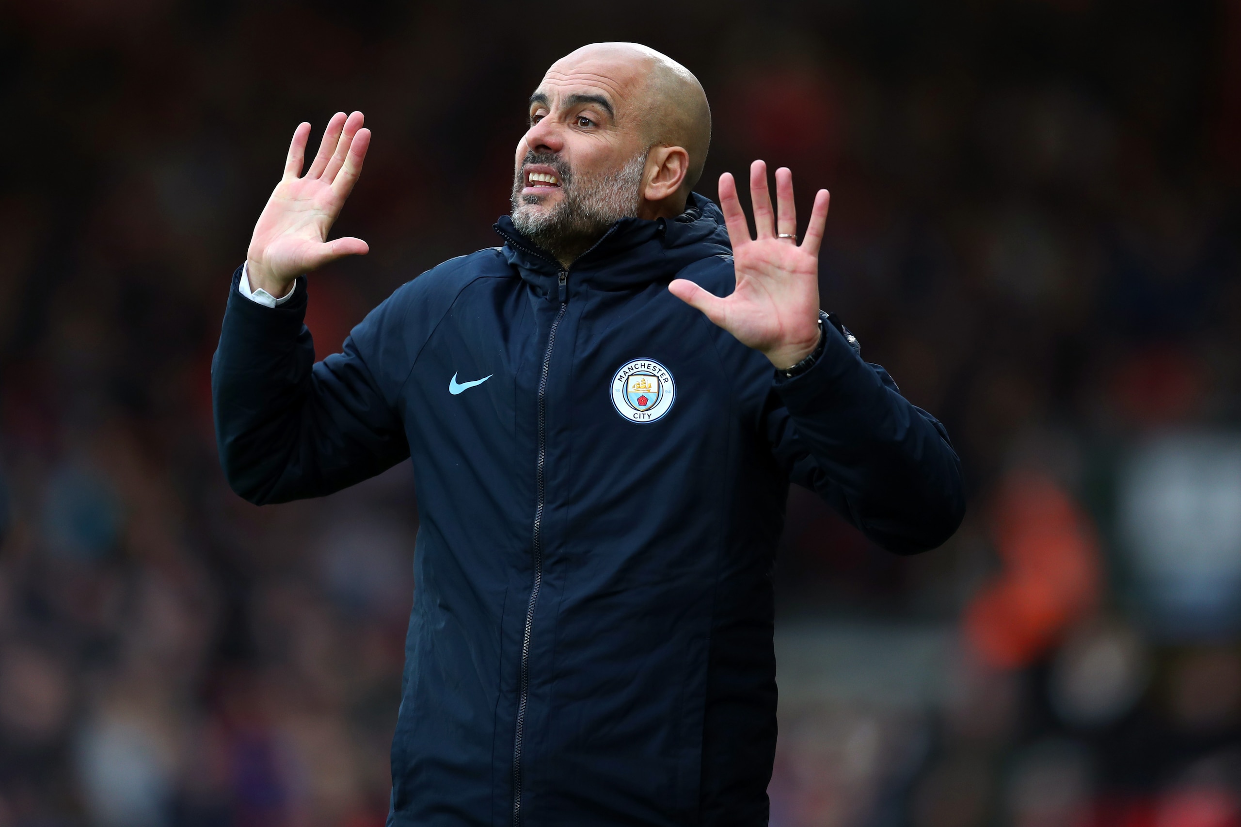 BOURNEMOUTH, ENGLAND - MARCH 02: Pep Guardiola the head coach / manager of Manchester City  during the Premier League match between AFC Bournemouth and Manchester City at Vitality Stadium on March 02, 2019 in Bournemouth, United Kingdom. (Photo by Catheri