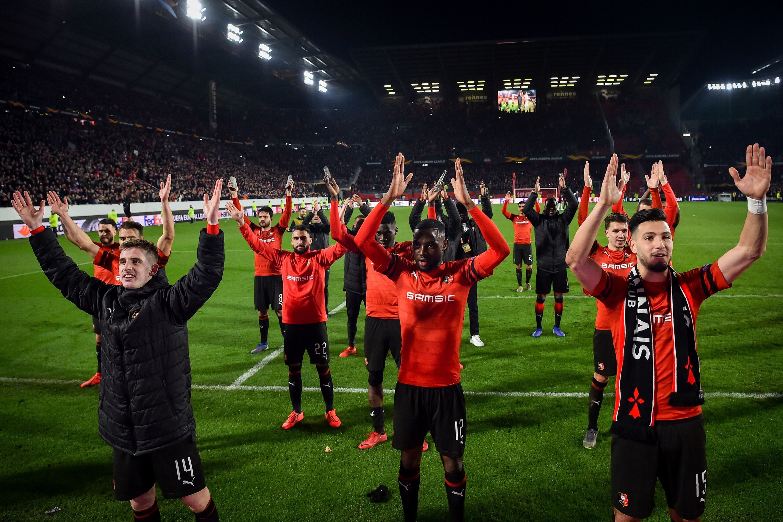 Rennes' players celebrate their 3-1 victory over Arsenal at the end of the UEFA Europa League round of 16 first leg football match between Stade Rennais FC and Arsenal FC at the Roazhon Park stadium in Rennes, northwestern France on March 7, 2019. (Photo 