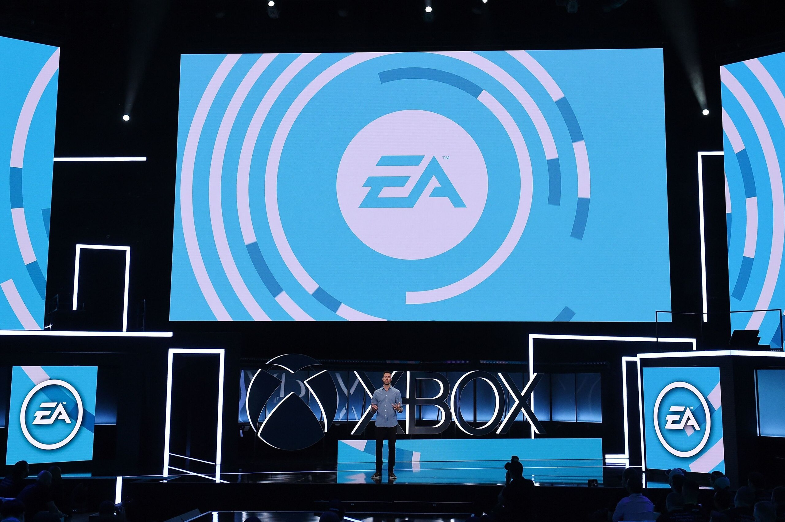 Electronic Arts (EA) Executive Vice President Patrick Soderlund speaks at the Microsoft Xbox E3 2017 Briefing, June 11, 2017 at the Galen Center in Los Angeles, California. 
The Electronic Entertainment Expo (E3), which focuses on new products and technol
