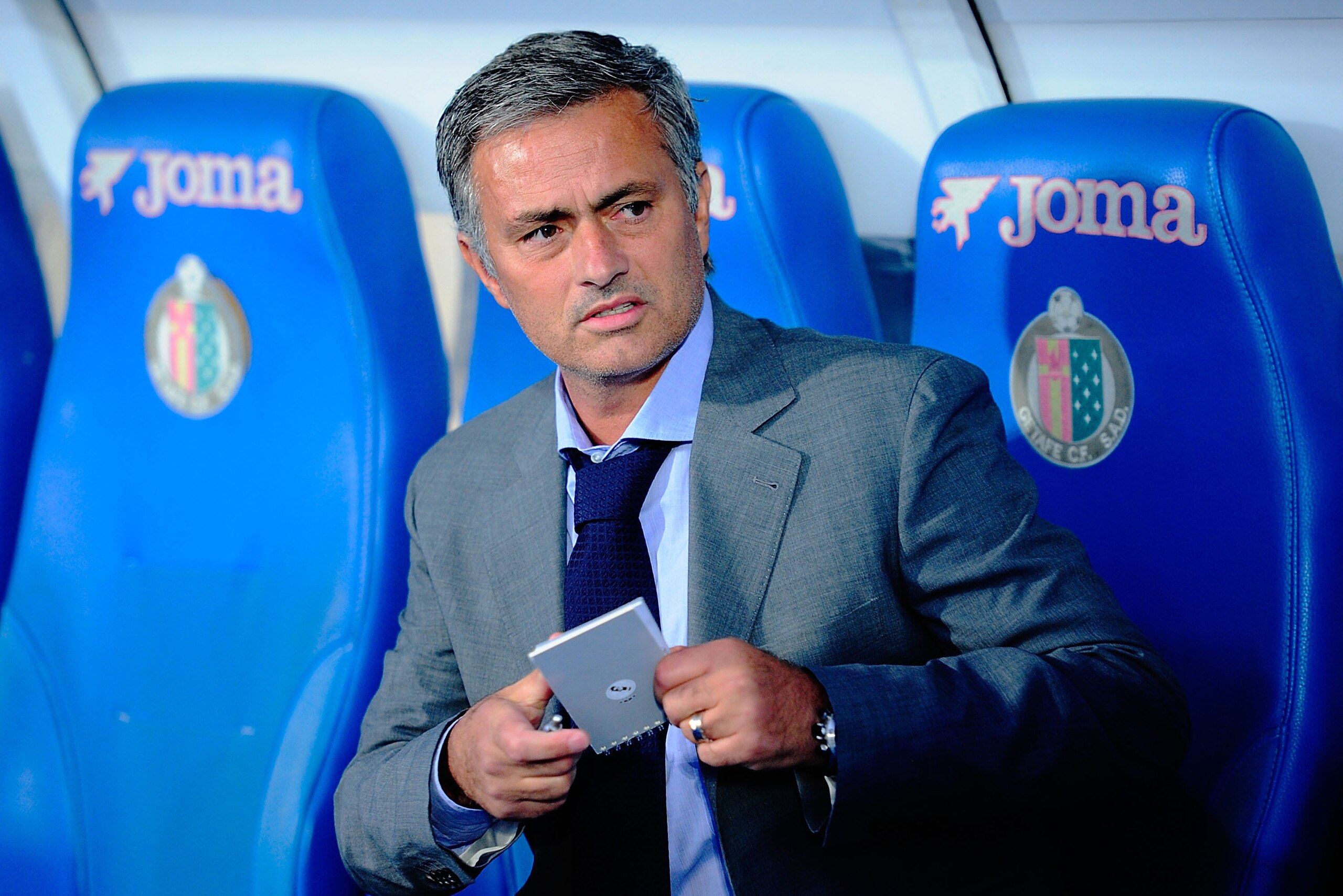 GETAFE, SPAIN - AUGUST 26: Head Coach Jose Mourinho of Real Madrid before starting the la Liga match between Getafe and Real Madrid at Coliseum Alfonso Perez on August 26, 2012 in Getafe, Spain.  (Photo by Gonzalo Arroyo Moreno/Getty Images)
