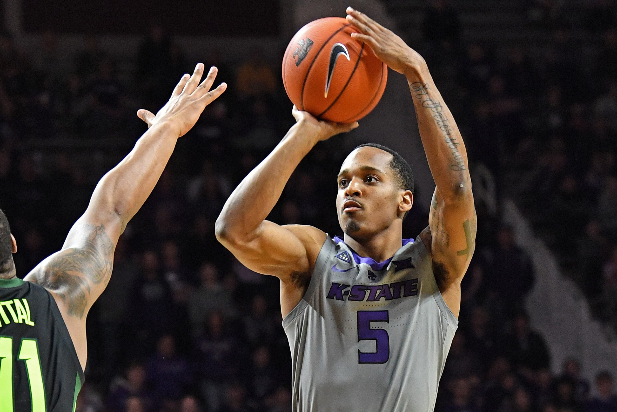 MANHATTAN, KS - MARCH 02: Barry Brown Jr. #5 of the Kansas State Wildcats puts up a shot against the Baylor Bears during the second half on March 2, 2019 at Bramlage Coliseum in Manhattan, Kansas. (Photo by Peter G. Aiken/Getty Images) MANHATTAN, KS - MARCH 02: Barry Brown Jr. #5 of the Kansas State Wildcats puts up a shot against the Baylor Bears during the second half on March 2, 2019 at Bramlage Coliseum in Manhattan, Kansas. (Photo by Peter G. Aiken/Getty Images)