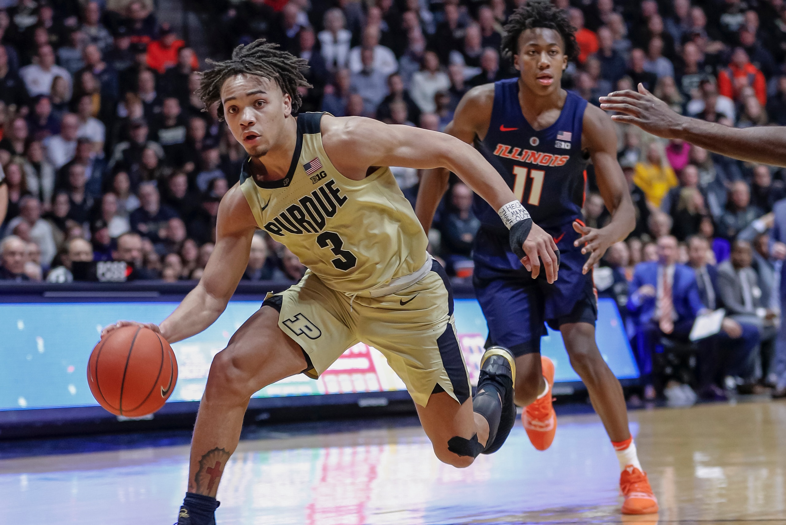 WEST LAFAYETTE, IN - FEBRUARY 27: Carsen Edwards #3 of the Purdue Boilermakers drives to the basket during the game against the Illinois Fighting Illini at Mackey Arena on February 27, 2019 in West Lafayette, Indiana. (Photo by Michael Hickey/Getty Images