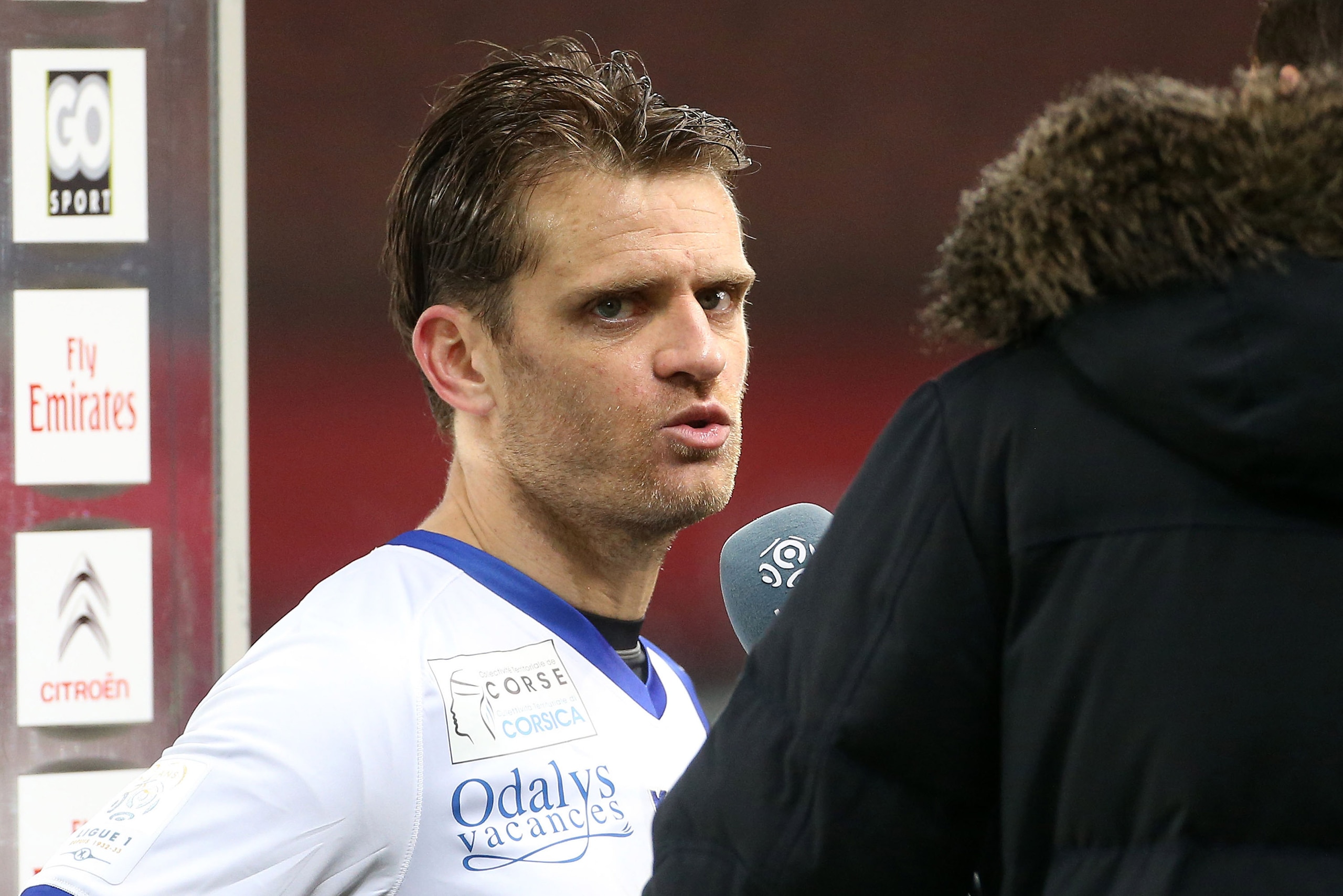 PARIS, FRANCE - FEBRUARY 08: Jerome Rothen of SC Bastia interviewed after the French Ligue 1 match between Paris Saint Germain FC and Sporting Club de Bastia at the Parc des Princes stadium on February 8, 2013 in Paris, France. (Photo by John Berry/Getty 
