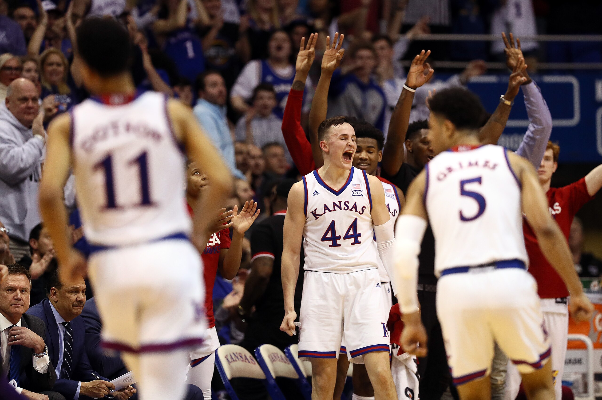 LAWRENCE, KANSAS - FEBRUARY 25:  Mitch Lightfoot #44 of the Kansas Jayhawks celebrates during the game against the Kansas State Wildcats at Allen Fieldhouse on February 25, 2019 in Lawrence, Kansas. (Photo by Jamie Squire/Getty Images)
