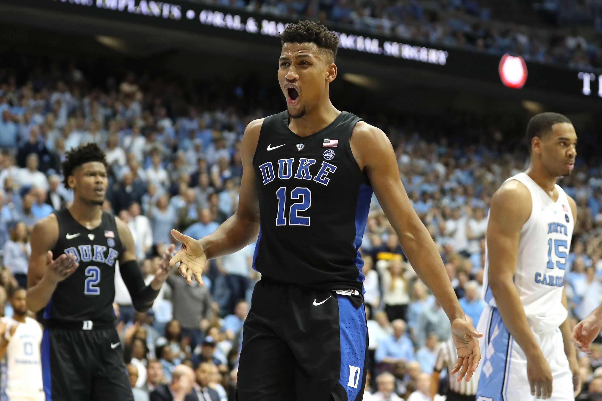 CHAPEL HILL, NORTH CAROLINA - MARCH 09: Javin DeLaurier #12 of the Duke Blue Devils reacts after a play against the North Carolina Tar Heels during their game at Dean Smith Center on March 09, 2019 in Chapel Hill, North Carolina. (Photo by Streeter Lecka/
