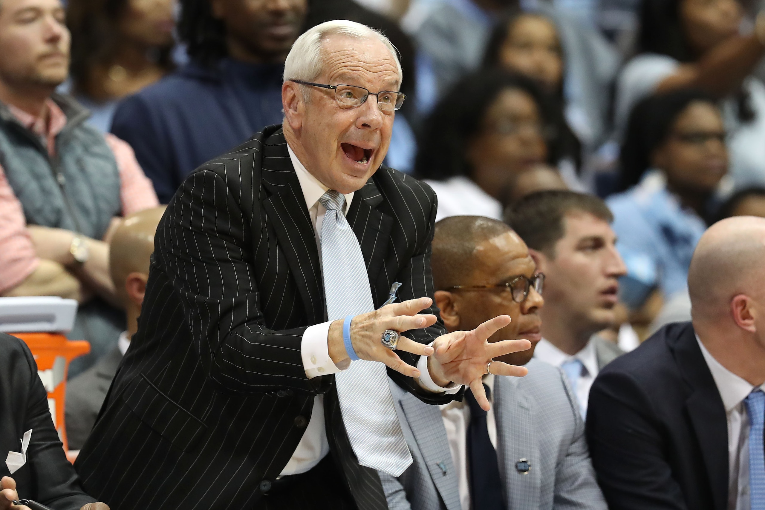 CHAPEL HILL, NORTH CAROLINA - MARCH 09: Head coach Roy Williams of the North Carolina Tar Heels reacts during their game against the Duke Blue Devilsat Dean Smith Center on March 09, 2019 in Chapel Hill, North Carolina. (Photo by Streeter Lecka/Getty Imag