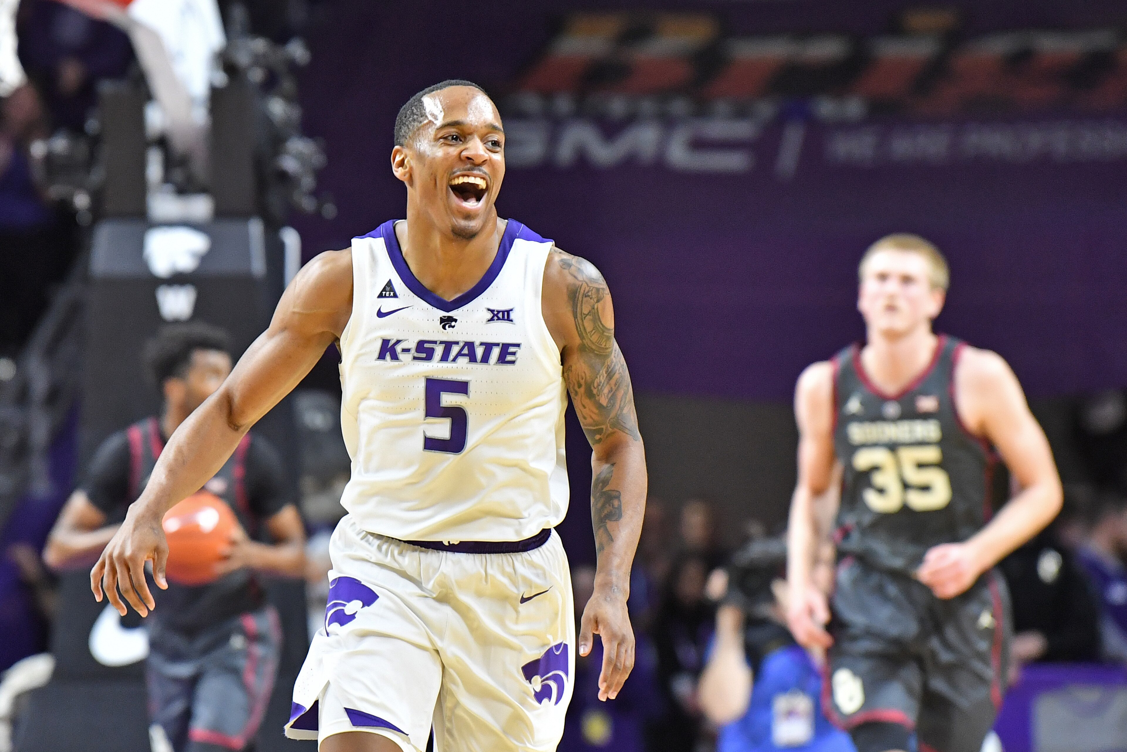 MANHATTAN, KS - MARCH 09:  Barry Brown Jr. #5 of the Kansas State Wildcats reacts after a basket during the first against the Oklahoma Sooners half on March 9, 2019 at Bramlage Coliseum in Manhattan, Kansas.  (Photo by Peter G. Aiken/Getty Images)