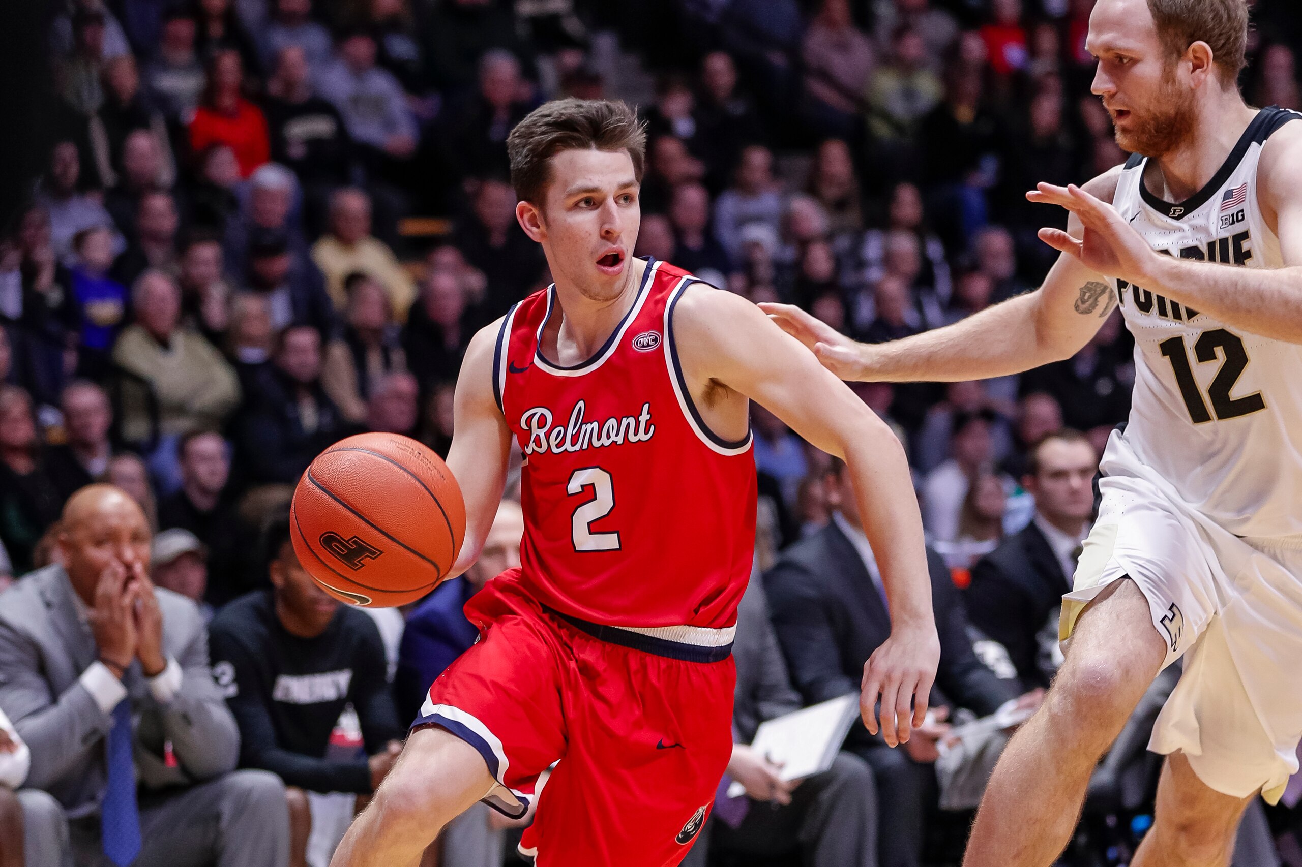 WEST LAFAYETTE, IN - DECEMBER 29: Grayson Murphy #2 of the Belmont Bruins drives to the baske during the game against the Purdue Boilermakers at Mackey Arena on December 29, 2018 in West Lafayette, Indiana. (Photo by Michael Hickey/Getty Images)