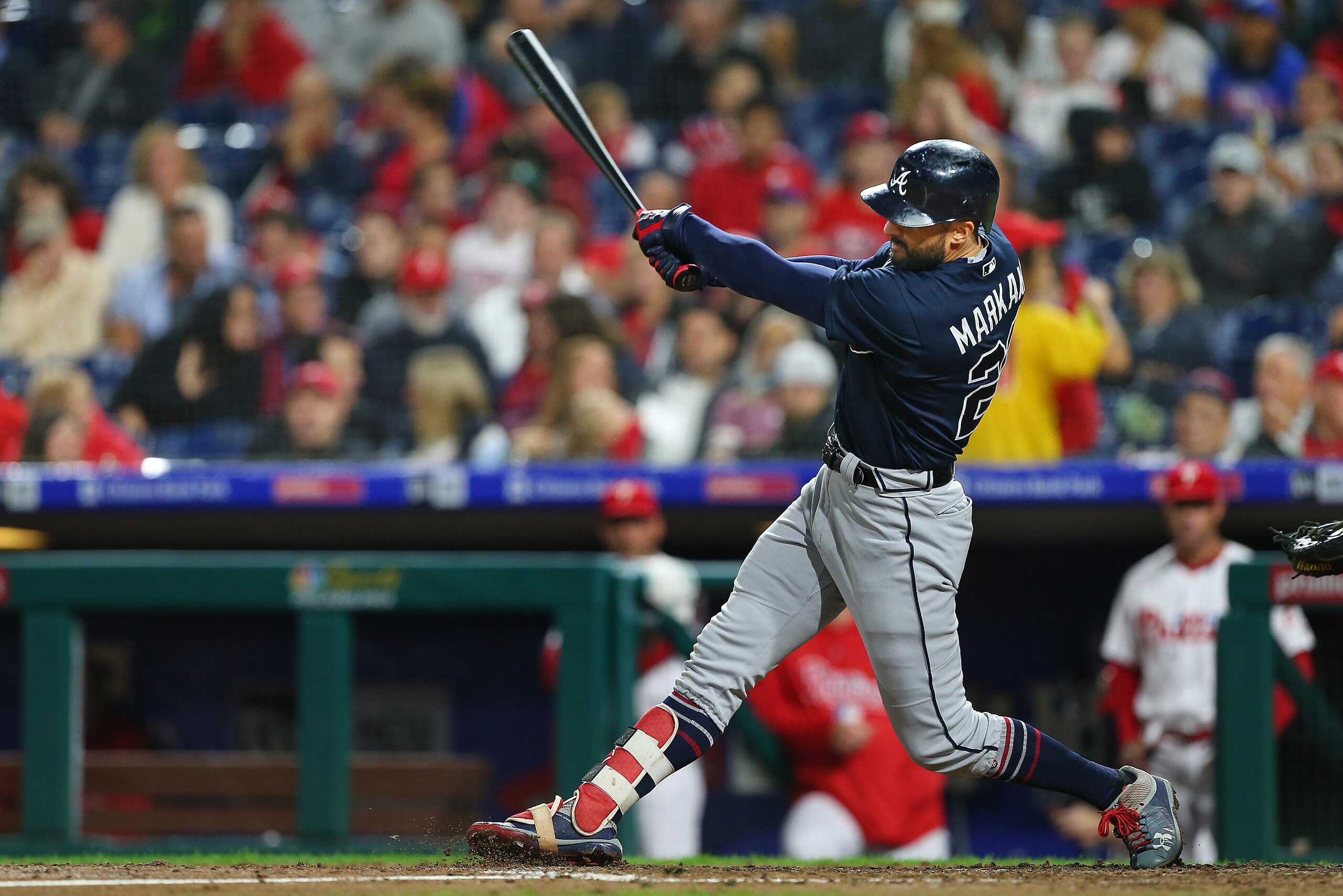PHILADELPHIA, PA - SEPTEMBER 28: Nick Markakis #22 of the Atlanta Braves in action against the Philadelphia Phillies during a game at Citizens Bank Park on September 28, 2018 in Philadelphia, Pennsylvania. The Braves won 10-2. (Photo by Rich Schultz/Getty