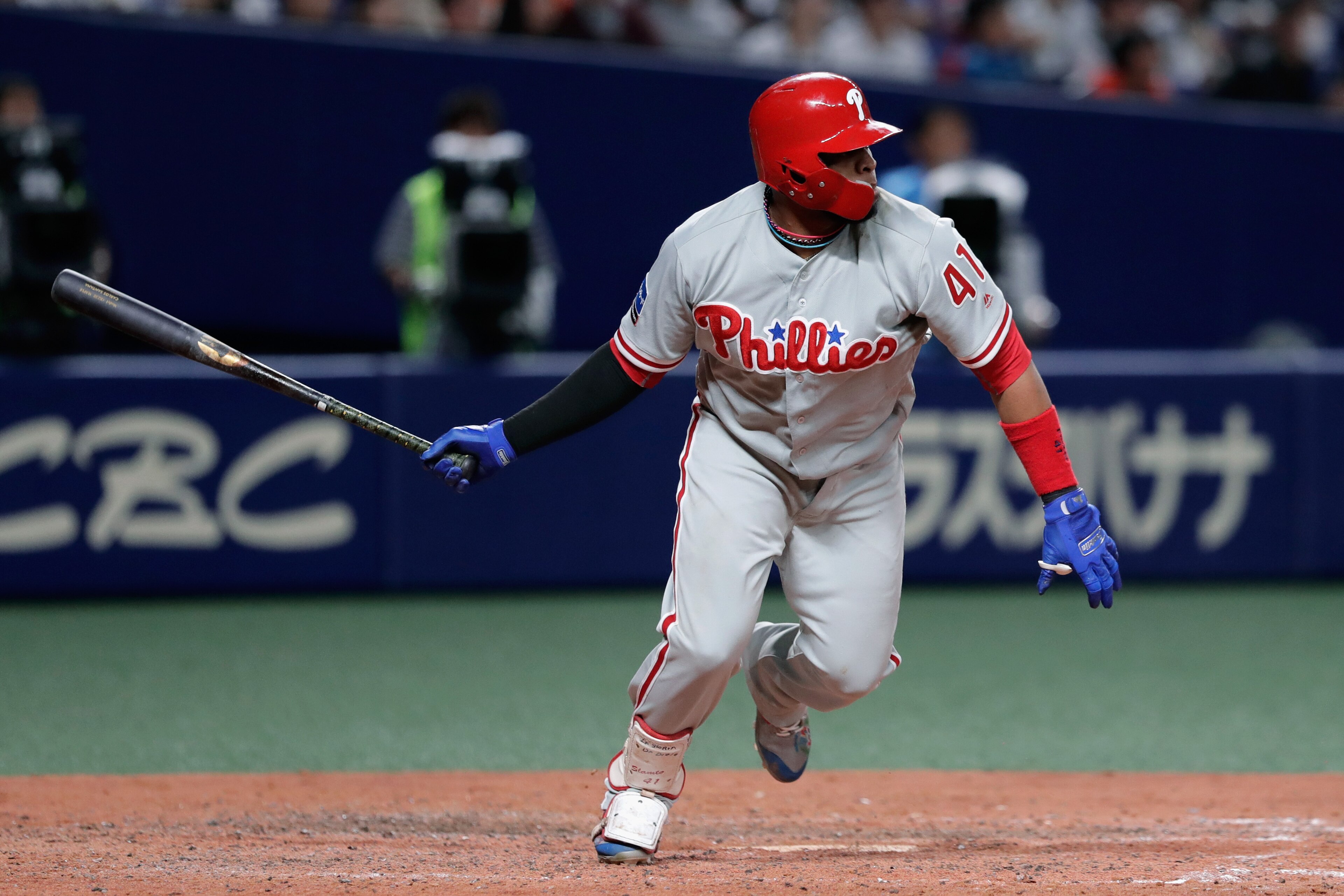 NAGOYA, JAPAN - NOVEMBER 14:  Infielder Carlos Santana #41 of the Philadelhia Phillies hits a double in the top of 8th inning during the game five between Japan and MLB All Stars at Nagoya Dome on November 14, 2018 in Nagoya, Aichi, Japan.  (Photo by Kiyo