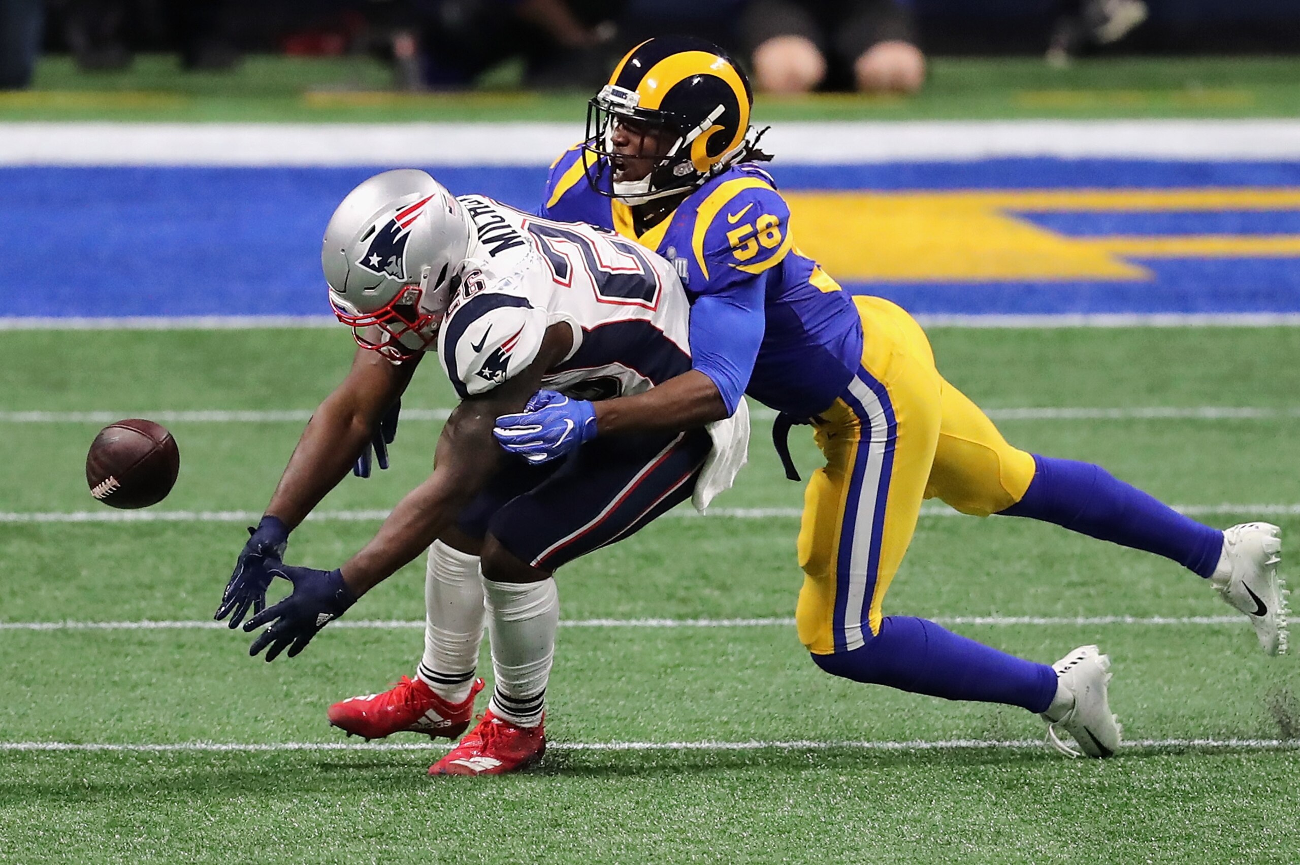 ATLANTA, GA - FEBRUARY 03: Dante Fowler Jr. #56 of the Los Angeles Rams defends a pass against the New England Patriots in the first half during Super Bowl LIII against the New England Patriots at Mercedes-Benz Stadium on February 3, 2019 in Atlanta, Geor