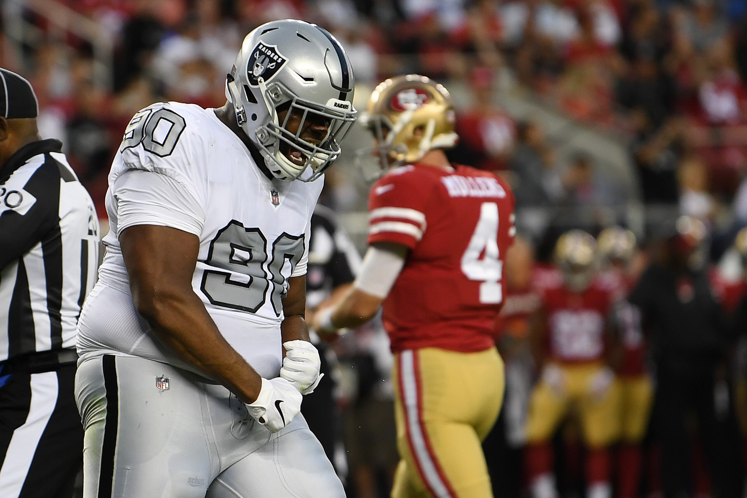 SANTA CLARA, CA - NOVEMBER 01: Johnathan Hankins #90 of the Oakland Raiders celebrates after a play against the San Francisco 49ers during their NFL game at Levi's Stadium on November 1, 2018 in Santa Clara, California. (Photo by Thearon W. Henderson/Gett