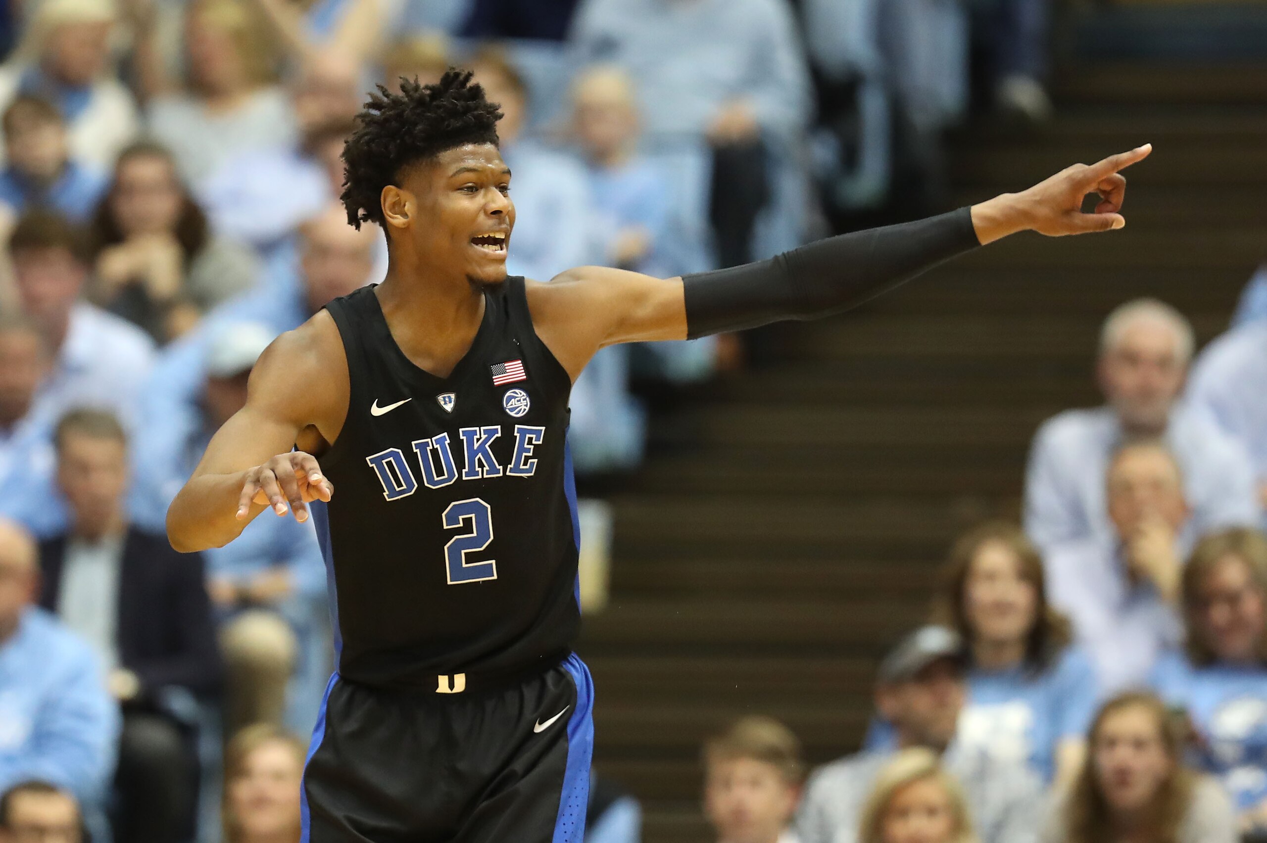 CHAPEL HILL, NORTH CAROLINA - MARCH 09: Cam Reddish #2 of the Duke Blue Devils reacts after a play against the North Carolina Tar Heels during their game at Dean Smith Center on March 09, 2019 in Chapel Hill, North Carolina. (Photo by Streeter Lecka/Getty