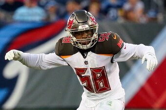 NASHVILLE, TN - AUGUST 18:  Kwon Alexander #58 of the Tampa Bay Buccaneers plays during a pre-season game against the Tennessee Titans at Nissan Stadium on August 18, 2018 in Nashville, Tennessee.  (Photo by Frederick Breedon/Getty Images)
