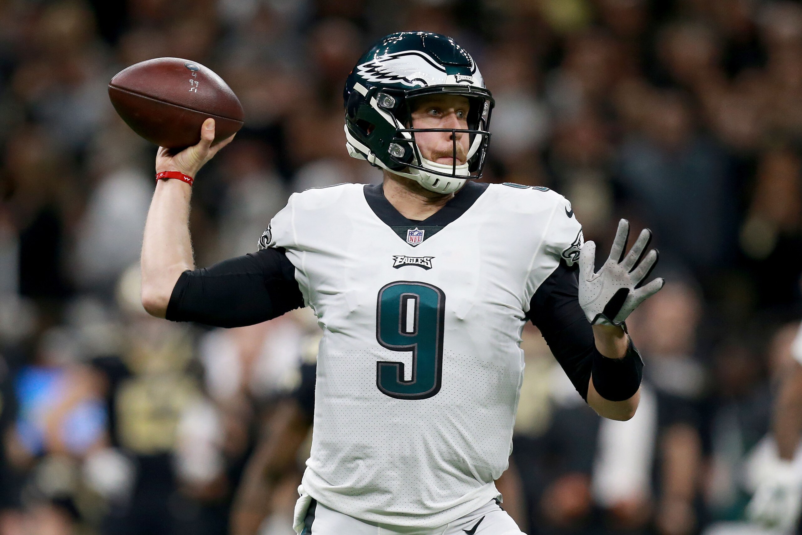 NEW ORLEANS, LOUISIANA - JANUARY 13: Nick Foles #9 of the Philadelphia Eagles drops back to pass during the NFC Divisional Playoff against the New Orleans Saints at the Mercedes Benz Superdome on January 13, 2019 in New Orleans, Louisiana. (Photo by Sean NEW ORLEANS, LOUISIANA - JANUARY 13: Nick Foles #9 of the Philadelphia Eagles drops back to pass during the NFC Divisional Playoff against the New Orleans Saints at the Mercedes Benz Superdome on January 13, 2019 in New Orleans, Louisiana. (Photo by Sean