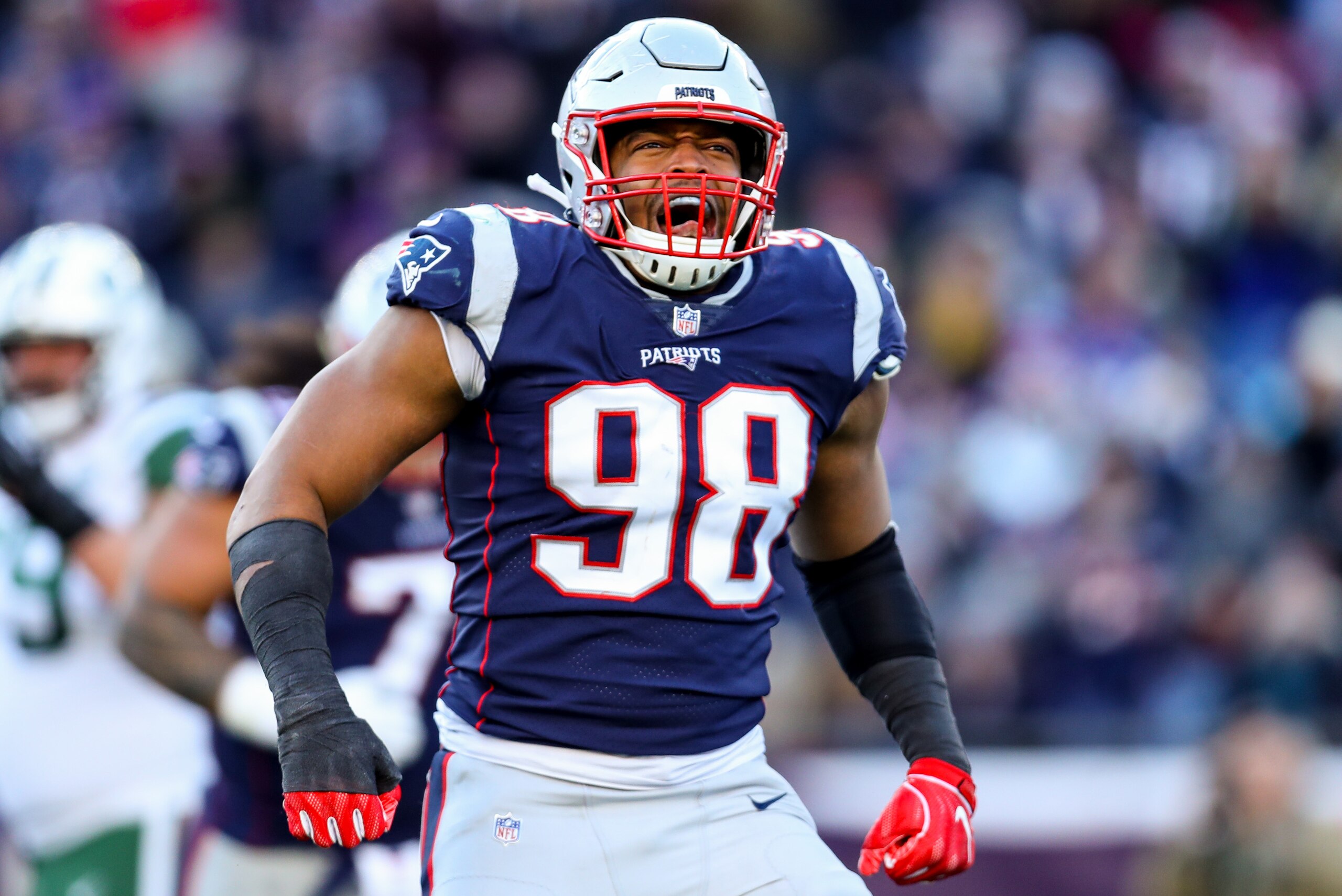 FOXBOROUGH, MASSACHUSETTS - DECEMBER 30: Trey Flowers #98 of the New England Patriots reacts during the third quarter of a game against the New York Jets at Gillette Stadium on December 30, 2018 in Foxborough, Massachusetts. (Photo by Maddie Meyer/Getty I FOXBOROUGH, MASSACHUSETTS - DECEMBER 30: Trey Flowers #98 of the New England Patriots reacts during the third quarter of a game against the New York Jets at Gillette Stadium on December 30, 2018 in Foxborough, Massachusetts. (Photo by Maddie Meyer/Getty I
