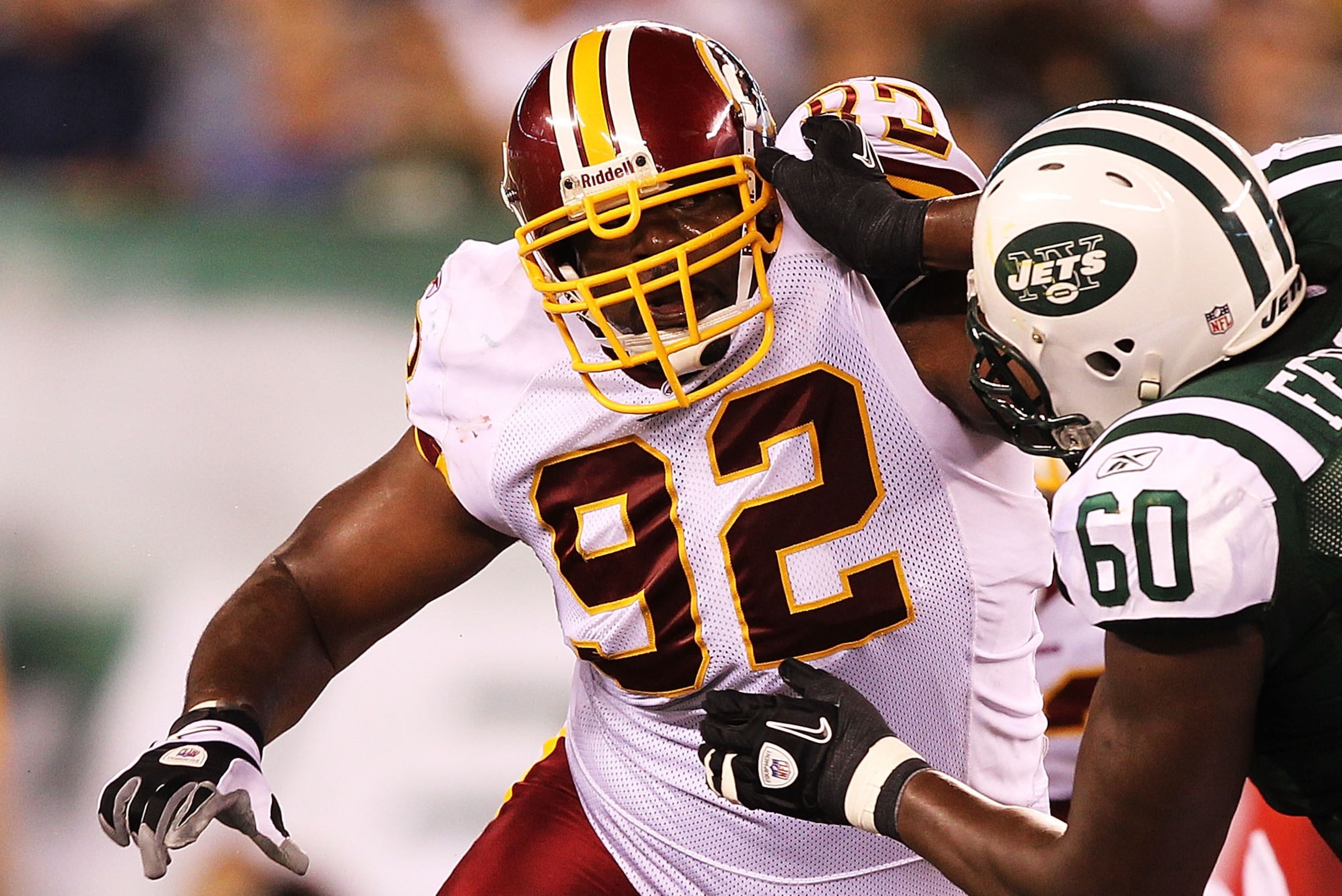 EAST RUTHERFORD, NJ - AUGUST 27:  Albert Haynesworth #92 of the Washington Redskins  in action against the New York Jets during their preseason game on August 27, 2010 at the New Meadowlands Stadium  in East Rutherford, New Jersey.  (Photo by Al Bello/Get