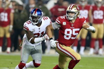 SANTA CLARA, CA - NOVEMBER 12:  Landon Collins #21 of the New York Giants in action against George Kittle #85 of the San Francisco 49ers at Levi Stadium on November 11, 2018 in Santa Clara, CA. The Giants defeated the 49ers 27-23.  (Photo by Rob Leiter vi