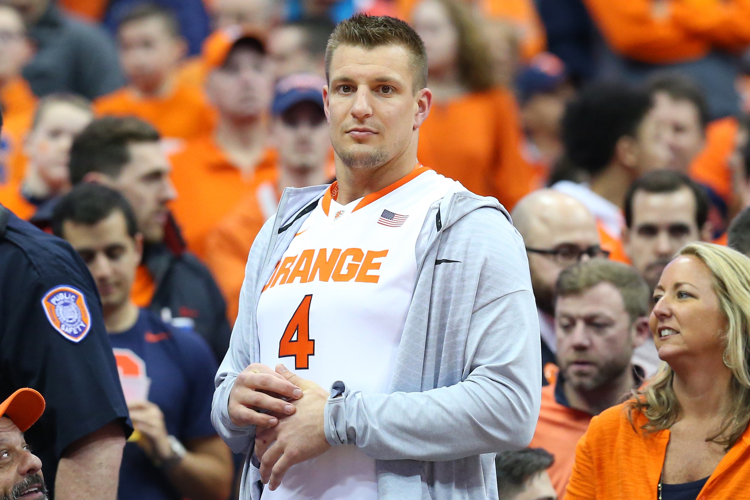 SYRACUSE, NY - FEBRUARY 23:  Rob Gronkowski of the New England Patriots looks on prior to the game between the Duke Blue Devils and the Syracuse Orange at the Carrier Dome on February 23, 2019 in Syracuse, New York. Duke defeated Syracuse 75-65. (Photo by