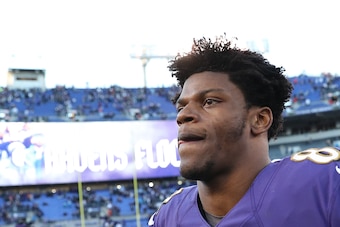BALTIMORE, MARYLAND - JANUARY 06: Quarterback Lamar Jackson #8 of the Baltimore Ravens looks on after losing to the Los Angeles Chargers during the AFC Wild Card Playoff game at M&T Bank Stadium on January 06, 2019 in Baltimore, Maryland. (Photo by Patric