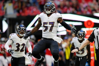 ATLANTA, GA - DECEMBER 02:  C.J. Mosley #57 of the Baltimore Ravens reacts after a defensive stop against the Atlanta Falcons at Mercedes-Benz Stadium on December 2, 2018 in Atlanta, Georgia.  (Photo by Kevin C. Cox/Getty Images)