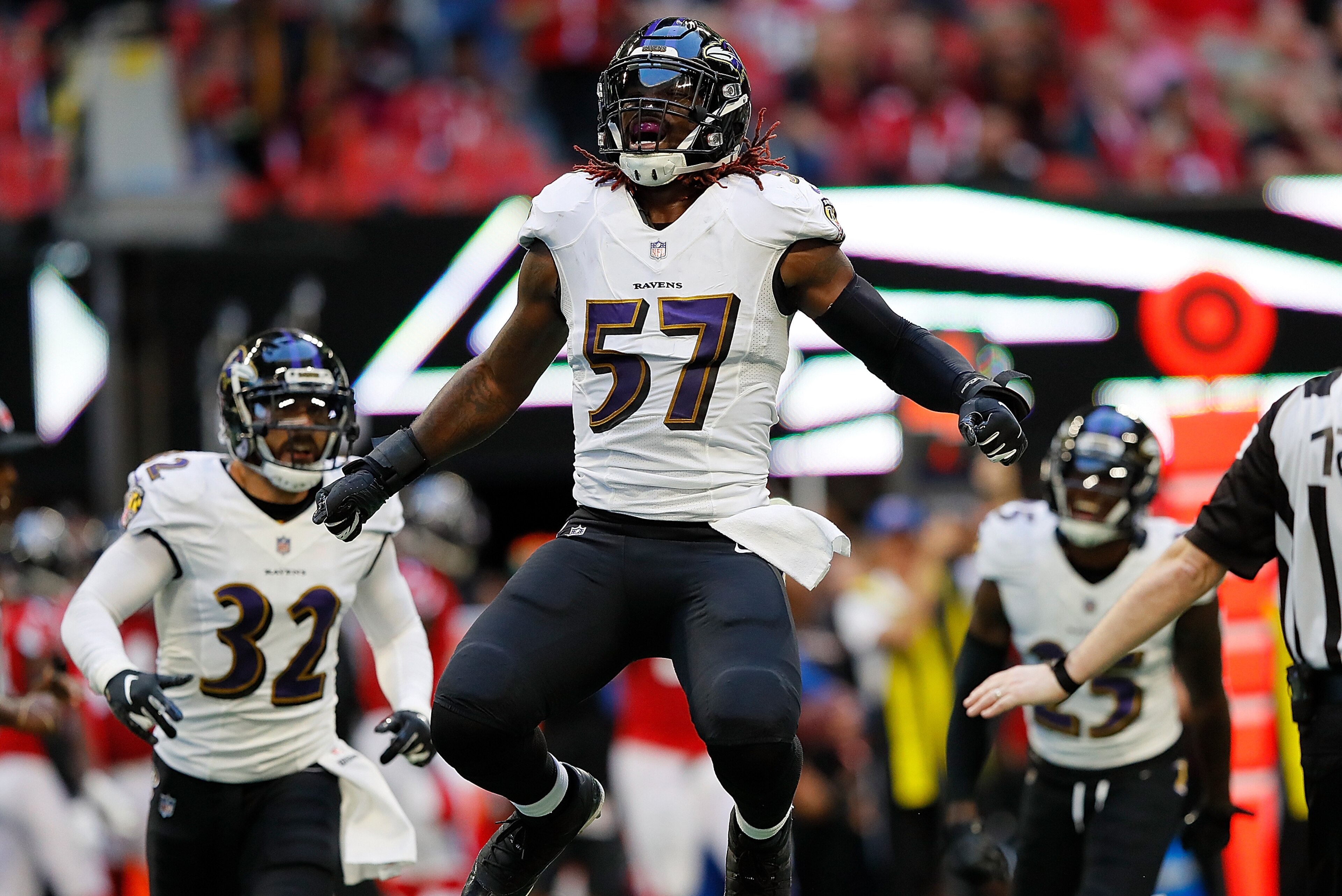 ATLANTA, GA - DECEMBER 02:  C.J. Mosley #57 of the Baltimore Ravens reacts after a defensive stop against the Atlanta Falcons at Mercedes-Benz Stadium on December 2, 2018 in Atlanta, Georgia.  (Photo by Kevin C. Cox/Getty Images)