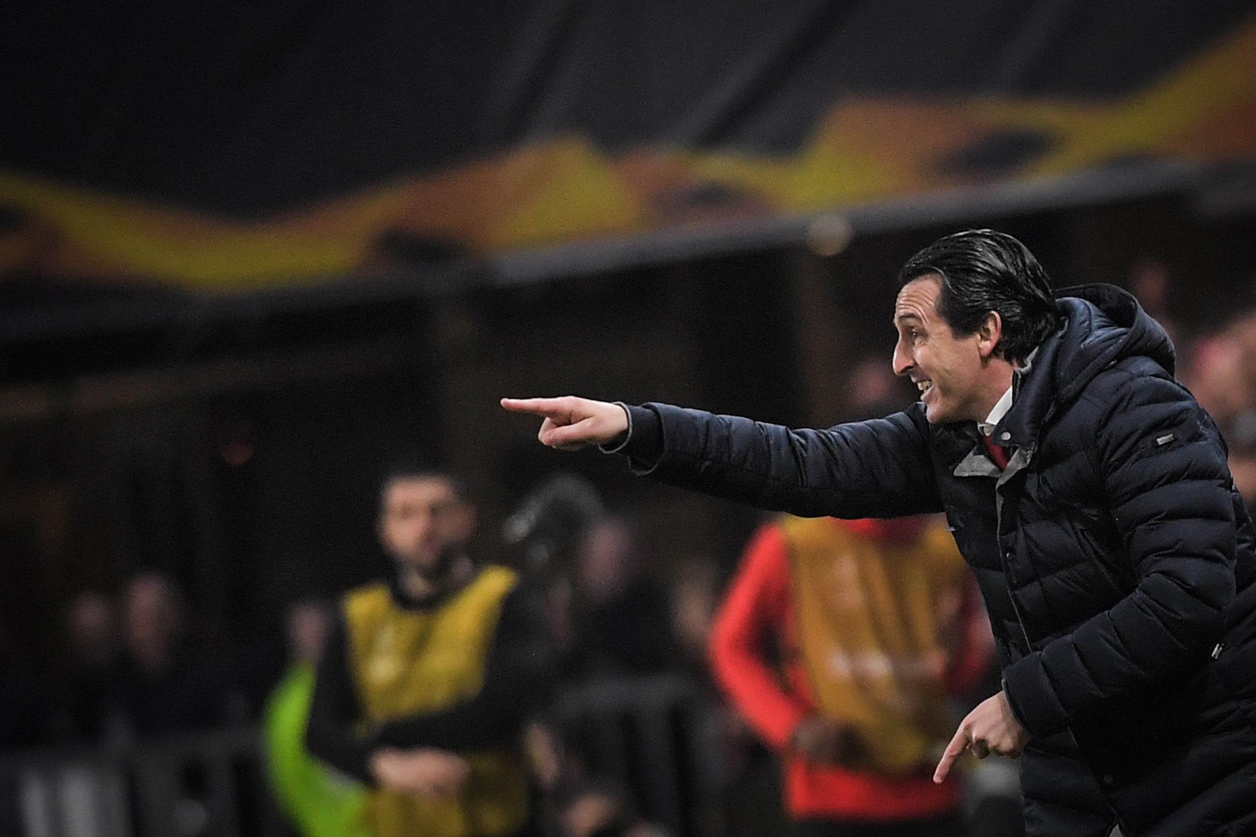 Arsenal's Spanish coach Unai Emery reacts during the UEFA Europa League round of 16 first leg football match between Stade Rennais FC and Arsenal FC at the Roazhon Park stadium in Rennes, northwestern France on March 7, 2019. (Photo by LOIC VENANCE / AFP)