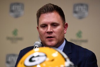 GREEN BAY, WISCONSIN - JANUARY 09:  Brian Gutekunst Genral Manager of the Green Bay Packers speaks to the media during a press conference introducing Matt LaFleur as head coach at Lambeau Field on January 09, 2019 in Green Bay, Wisconsin. (Photo by Stacy 