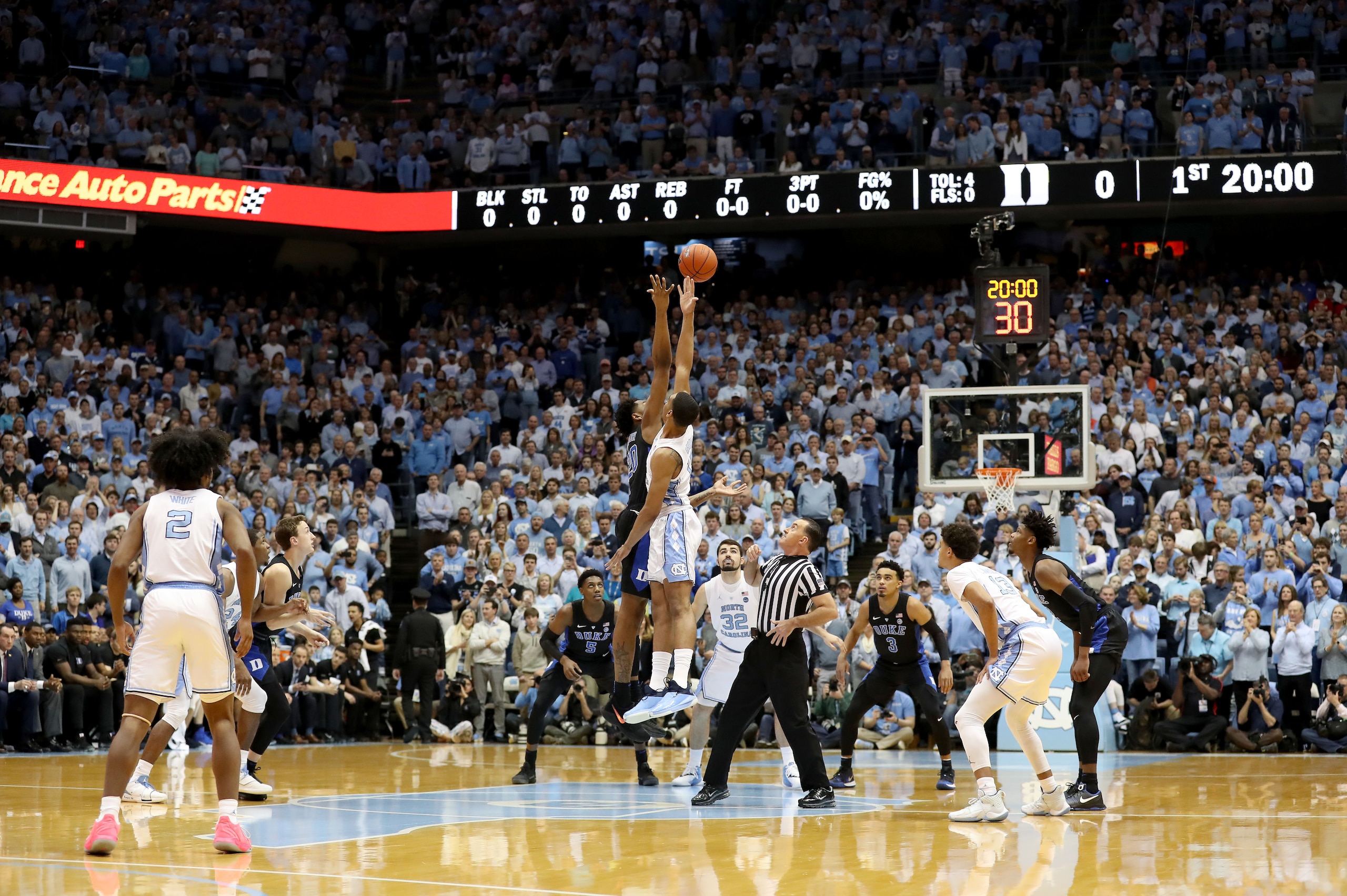 CHAPEL HILL, NORTH CAROLINA - MARCH 09: A general view of the tip off between the Duke Blue Devils and North Carolina Tar Heels at Dean Smith Center on March 09, 2019 in Chapel Hill, North Carolina. (Photo by Streeter Lecka/Getty Images)