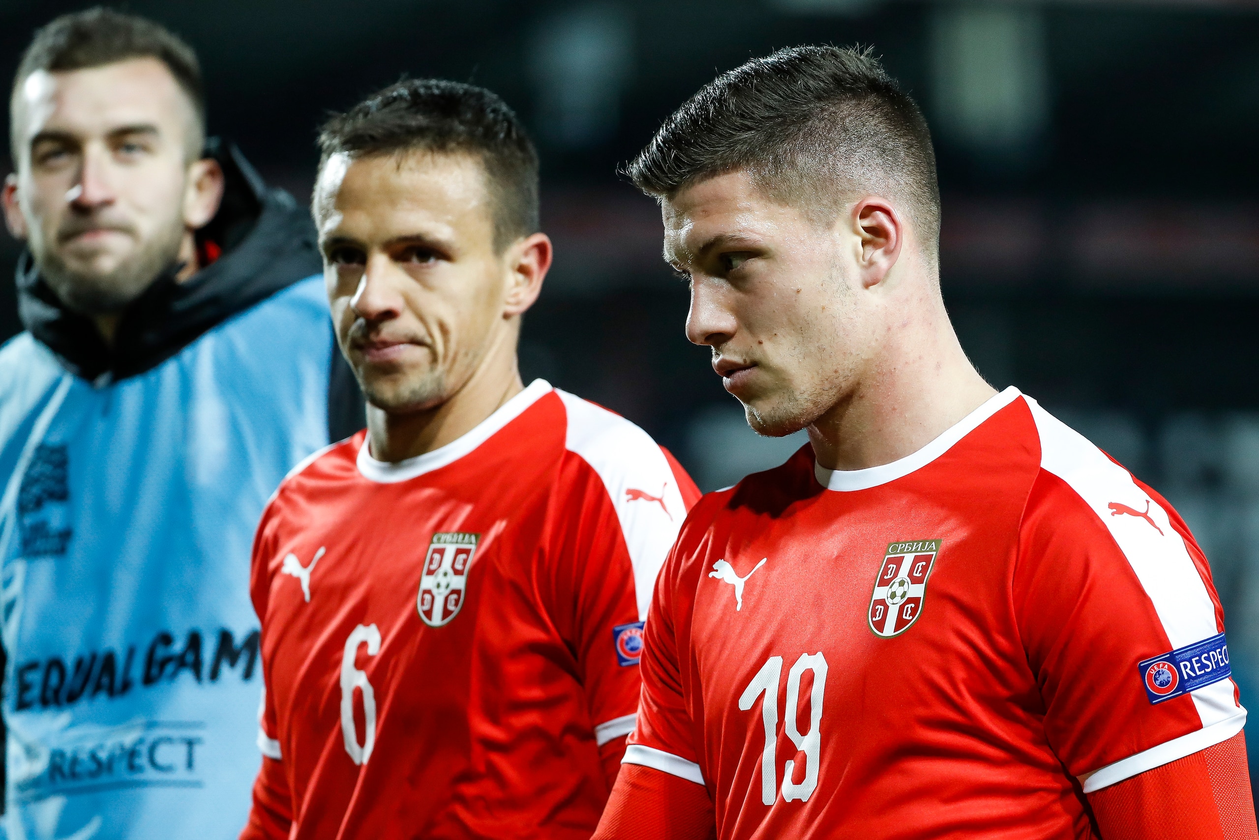 BELGRADE, SERBIA - NOVEMBER 17: Nemanja Maksimovic (L) and Luka Jovic (R) of Serbia look on after the UEFA Nations League C group four match between Serbia and Montenegro at stadium Rajko Mitic on November 17, 2018 in Belgrade, Serbia. (Photo by Srdjan St
