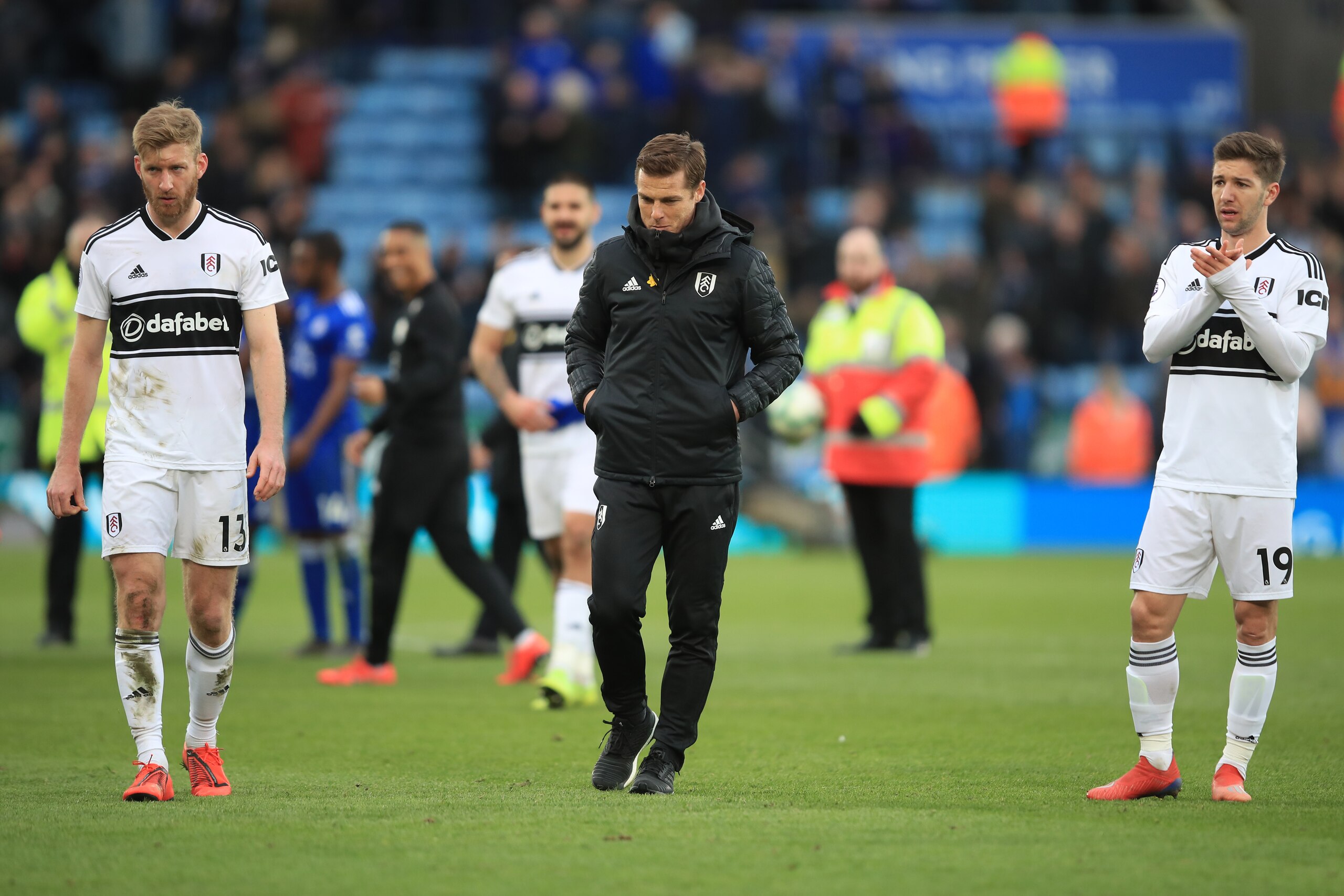 LEICESTER, ENGLAND - MARCH 09: Fulham Caretaker Manager Scott Parker among his players after the defeat during the Premier League match between Leicester City and Fulham FC at The King Power Stadium on March 9, 2019 in Leicester, United Kingdom. (Photo by