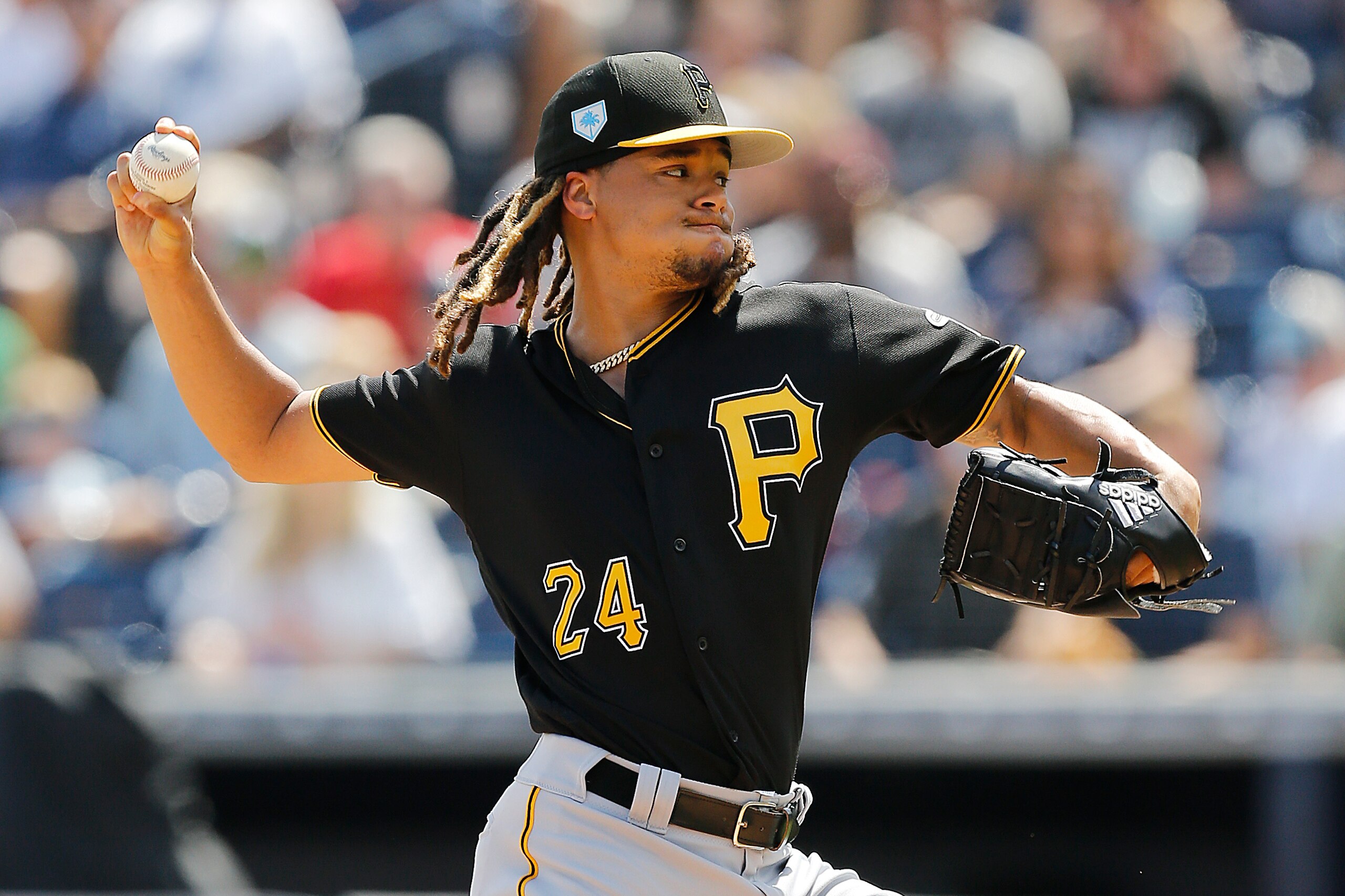 TAMPA, FLORIDA - MARCH 10:  Chris Archer #24 of the Pittsburgh Pirates delivers a pitch against the New York Yankees during the Grapefruit League spring training game at Steinbrenner Field on March 10, 2019 in Tampa, Florida. (Photo by Michael Reaves/Gett