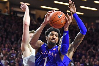 MANHATTAN, KS - February 05:  Dedric Lawson #1 of the Kansas Jayhawks grabs a defensive rebound against the Kansas State Wildcats during the second half on February 5, 2019 at Bramlage Coliseum in Manhattan, Kansas.  (Photo by Peter G. Aiken/Getty Images)
