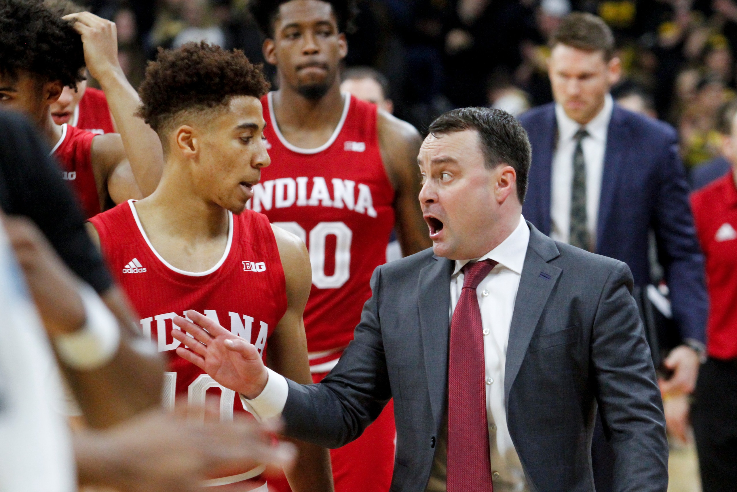 IOWA CITY, IOWA- FEBRUARY 22:  Guard Rob Phinisee #10  talks with head coach Archie Miller of the Indiana Hoosiers at halftime of their match-up against the Iowa Hawkeyes on February 22, 2019 at Carver-Hawkeye Arena, in Iowa City, Iowa.  (Photo by Matthew