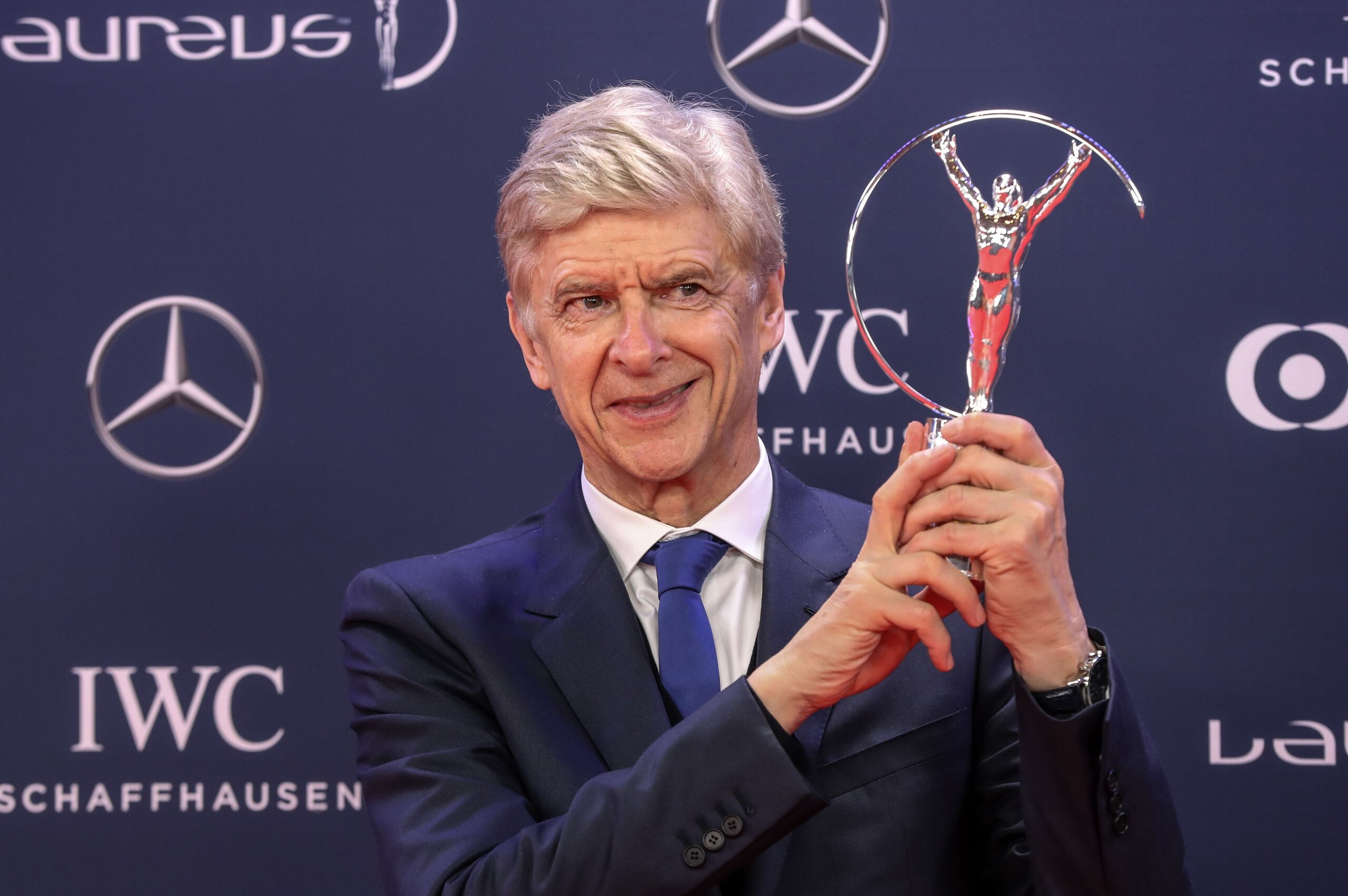 Winner of the Laureus Lifetime Achievement award, former Arsenal football team manager Arsene Wenger poses after receiving his award during the 2019 Laureus World Sports Awards ceremony at the Sporting Monte-Carlo complex in Monaco on February 18, 2019. ( Winner of the Laureus Lifetime Achievement award, former Arsenal football team manager Arsene Wenger poses after receiving his award during the 2019 Laureus World Sports Awards ceremony at the Sporting Monte-Carlo complex in Monaco on February 18, 2019. (