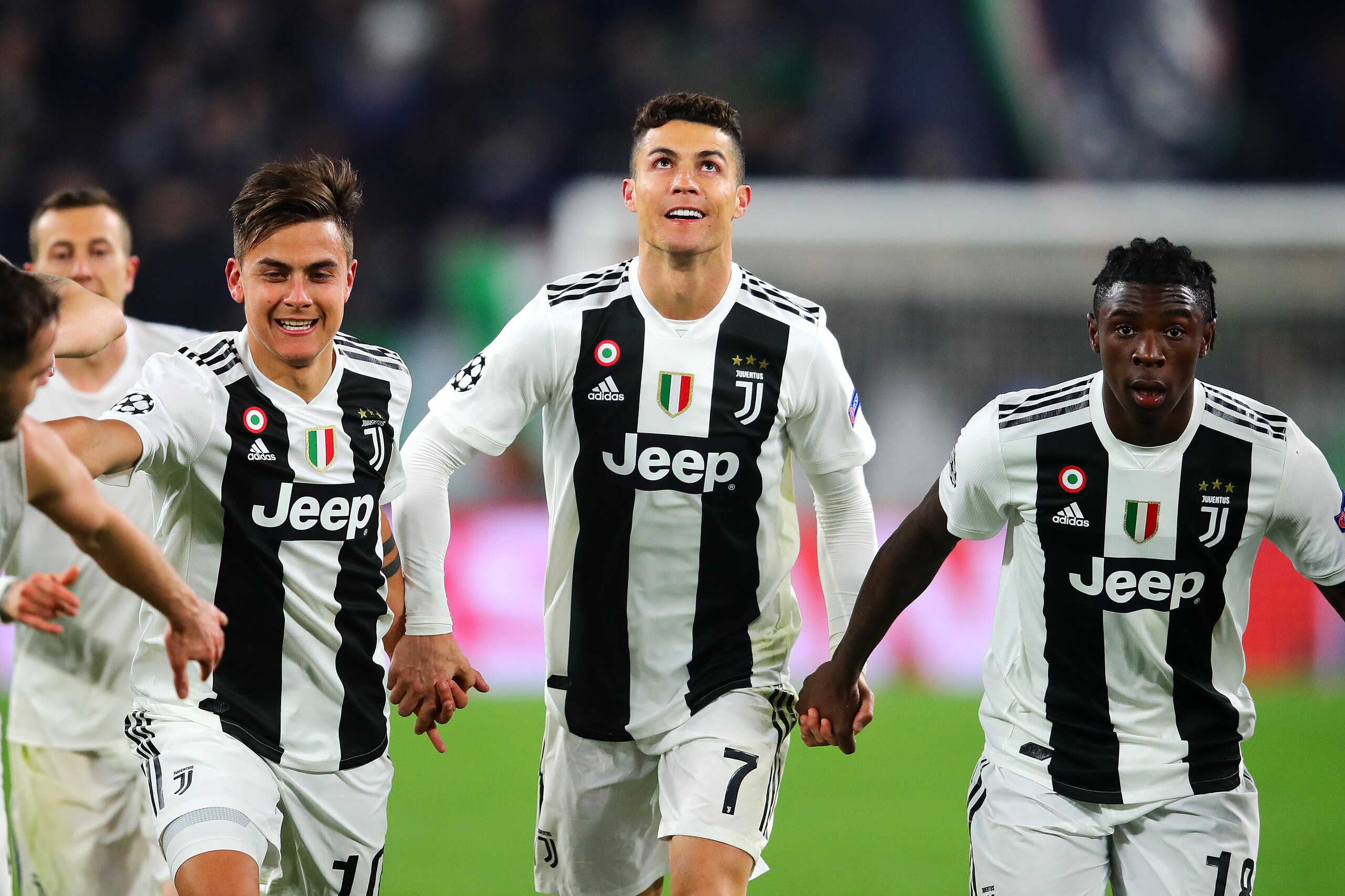 TURIN, ITALY - MARCH 12: Cristiano Ronaldo (C) of Juventus celebrates after the UEFA Champions League Round of 16 Second Leg match between Juventus and Club de Atletico Madrid at Allianz Stadium on March 12, 2019 in Turin, Italy. (Photo by Chris Brunskill