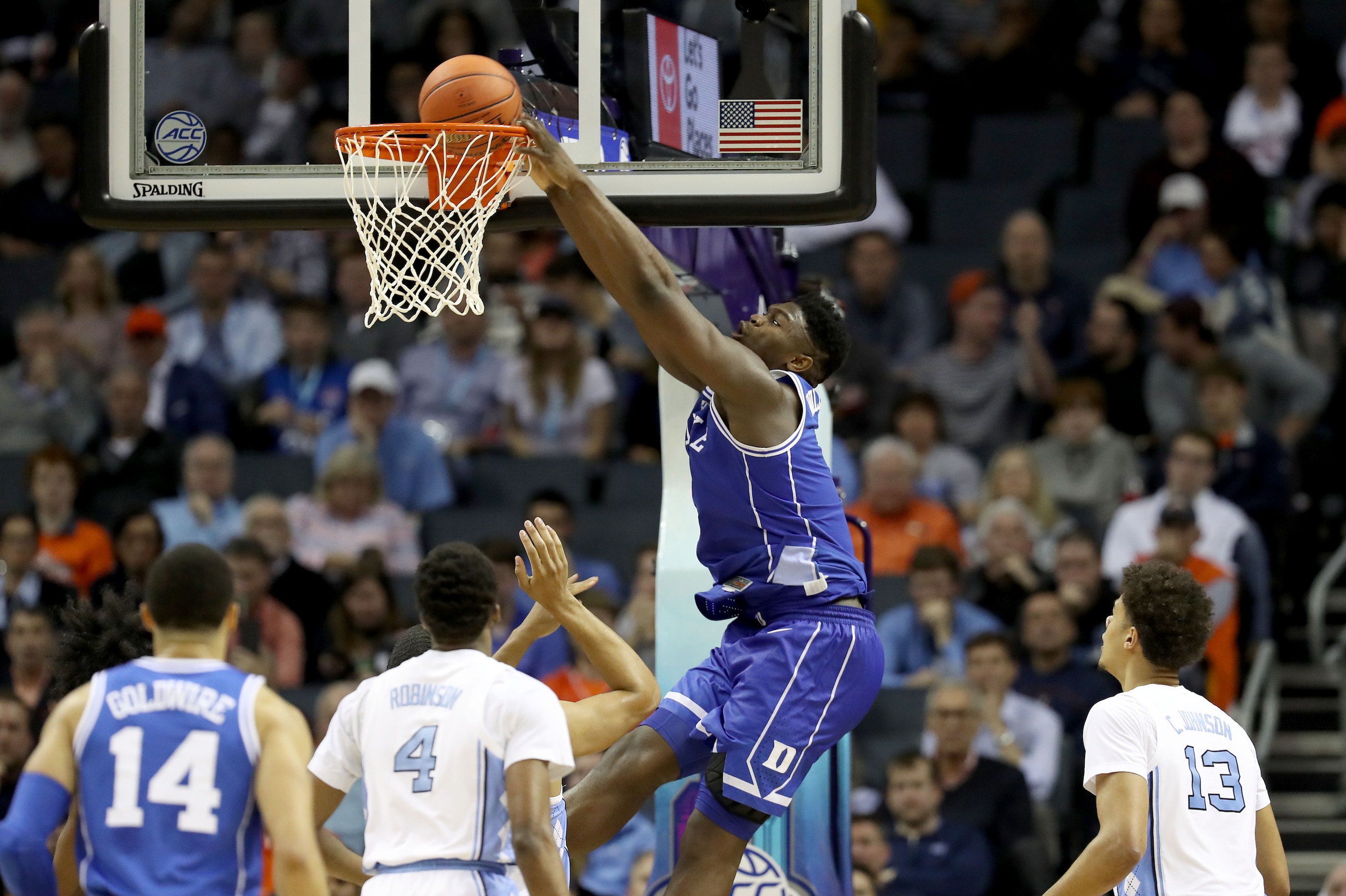 CHARLOTTE, NORTH CAROLINA - MARCH 15: Zion Williamson #1 of the Duke Blue Devils dunks the ball against the North Carolina Tar Heels during their game in the semifinals of the 2019 Men's ACC Basketball Tournament at Spectrum Center on March 15, 2019 in Ch