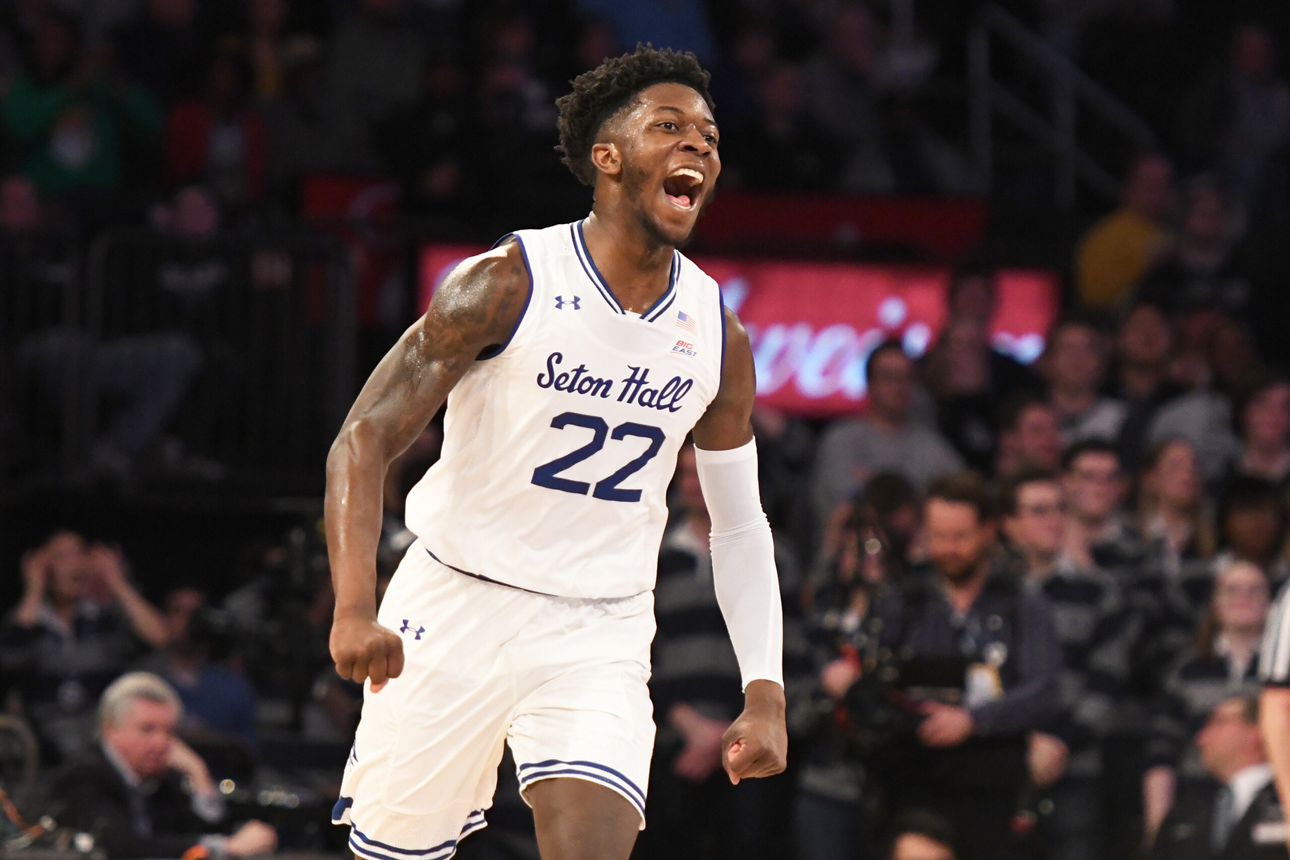 NEW YORK, NY - MARCH 14:  Myles Cale #22 of the Seton Hall Pirates celebrates a shot during the Big East Conference basketball Quarterfinal game against the Georgetown Hoyas at Madison Square Garden March 14, 2019 in New York City.  (Photo by Mitchell Lay